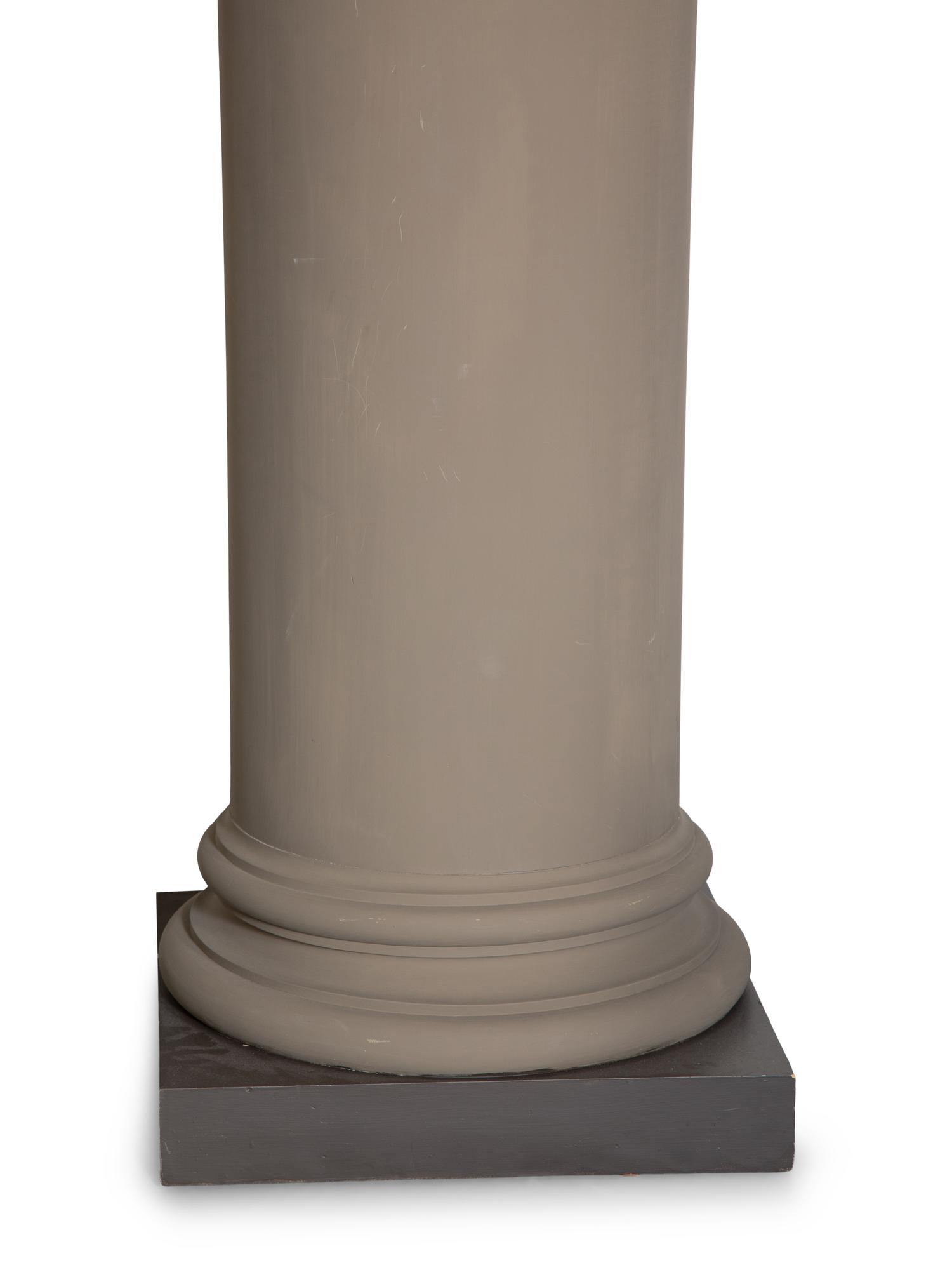 A Pair of Neoclassical Patinated Cast Metal Urns on Gray-Painted Wood Pedestals