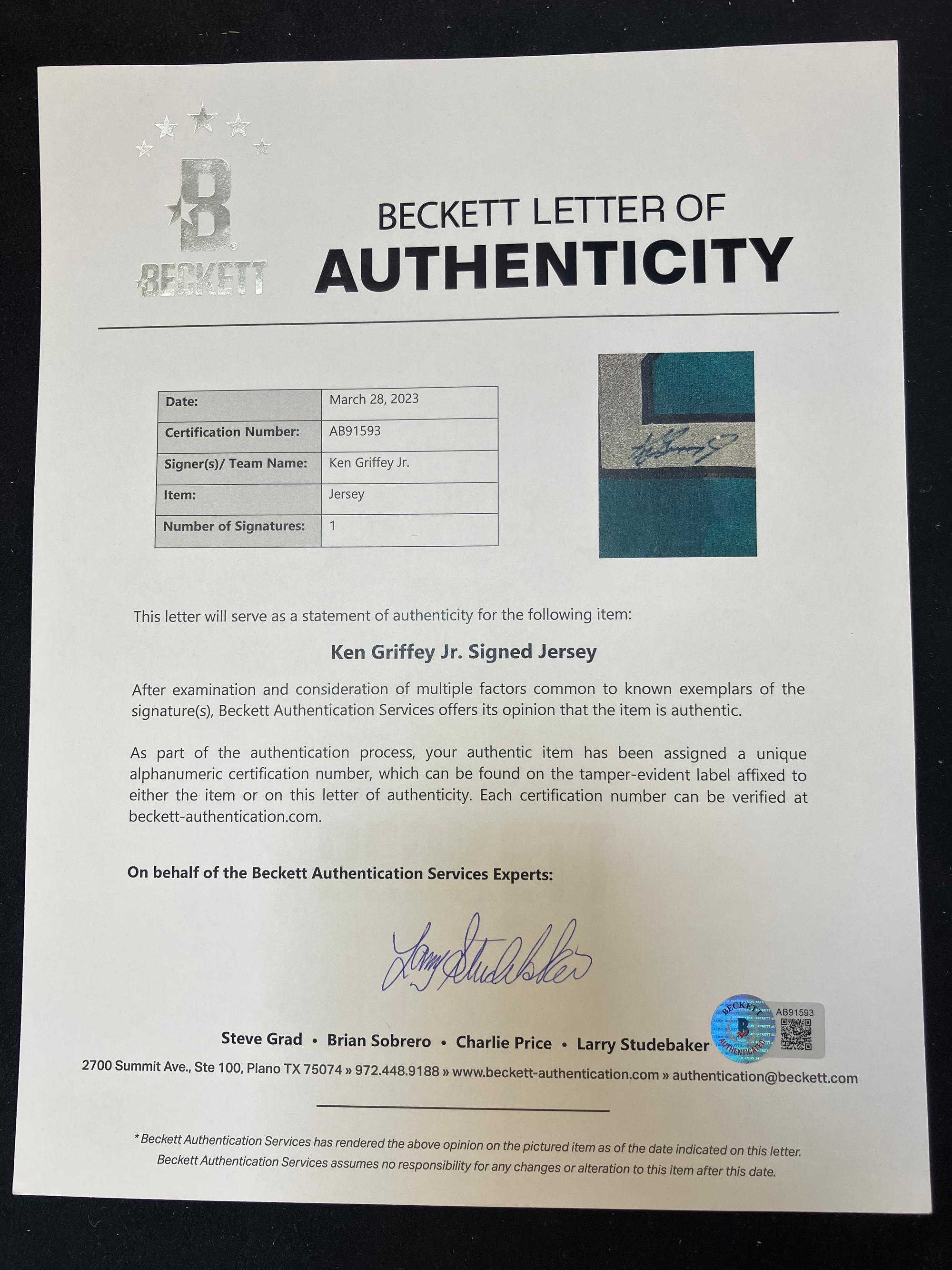 A Ken Griffey Jr. Signed Autograph Seattle Mariners Baseball Jersey (Beckett Authentication Services Letter),
