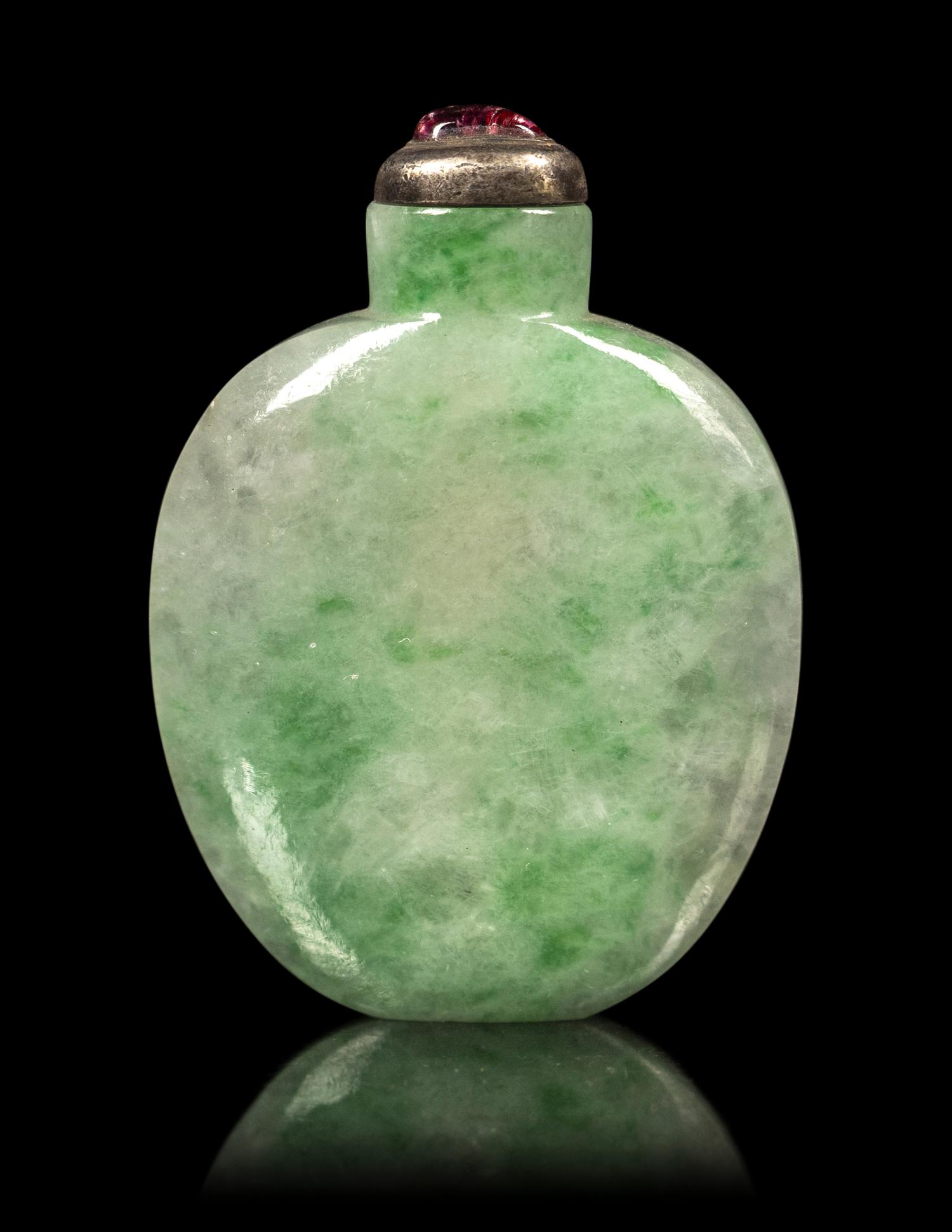 A Chinese Apple Green and Celadon Jadeite Snuff Bottle