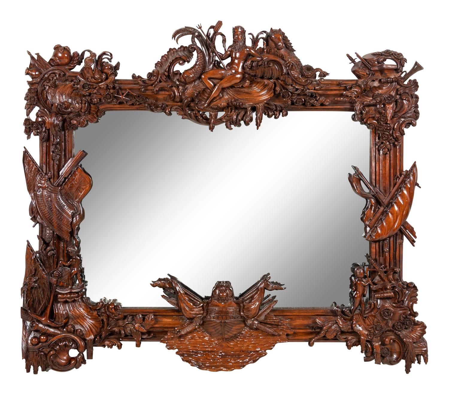 A Continental Carved Mahogany Mirror of Naval Interest