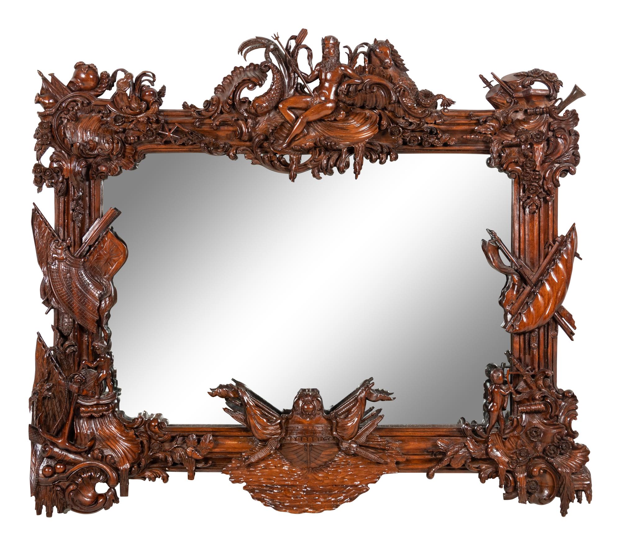 A Continental Carved Mahogany Mirror of Naval Interest