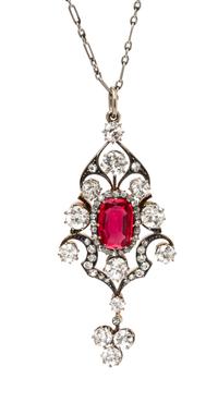A Fine Silver Topped Gold, Burmese Red Spinel and Diamond Pendant, 11.20 dwts.