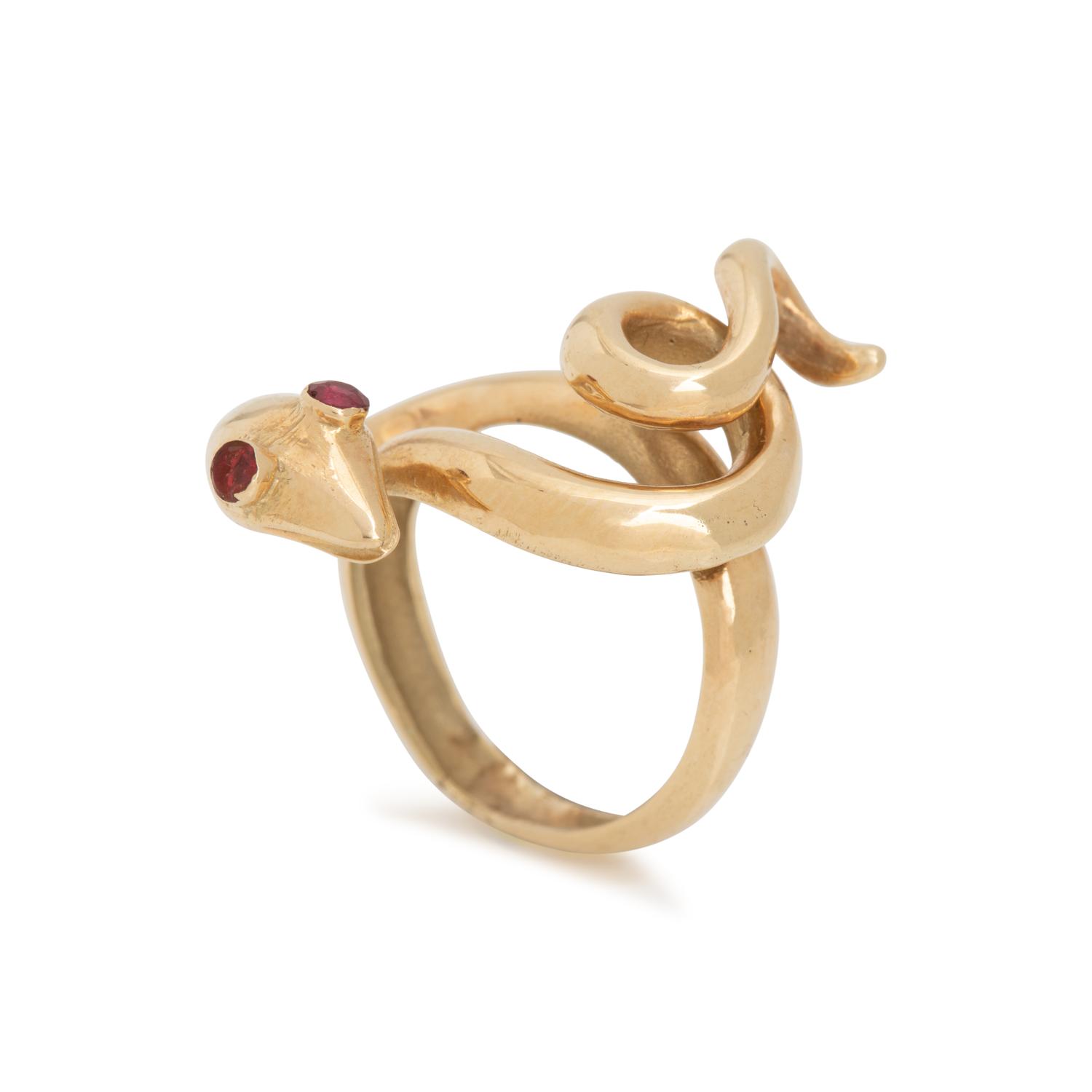 YELLOW GOLD AND RUBY SNAKE RING