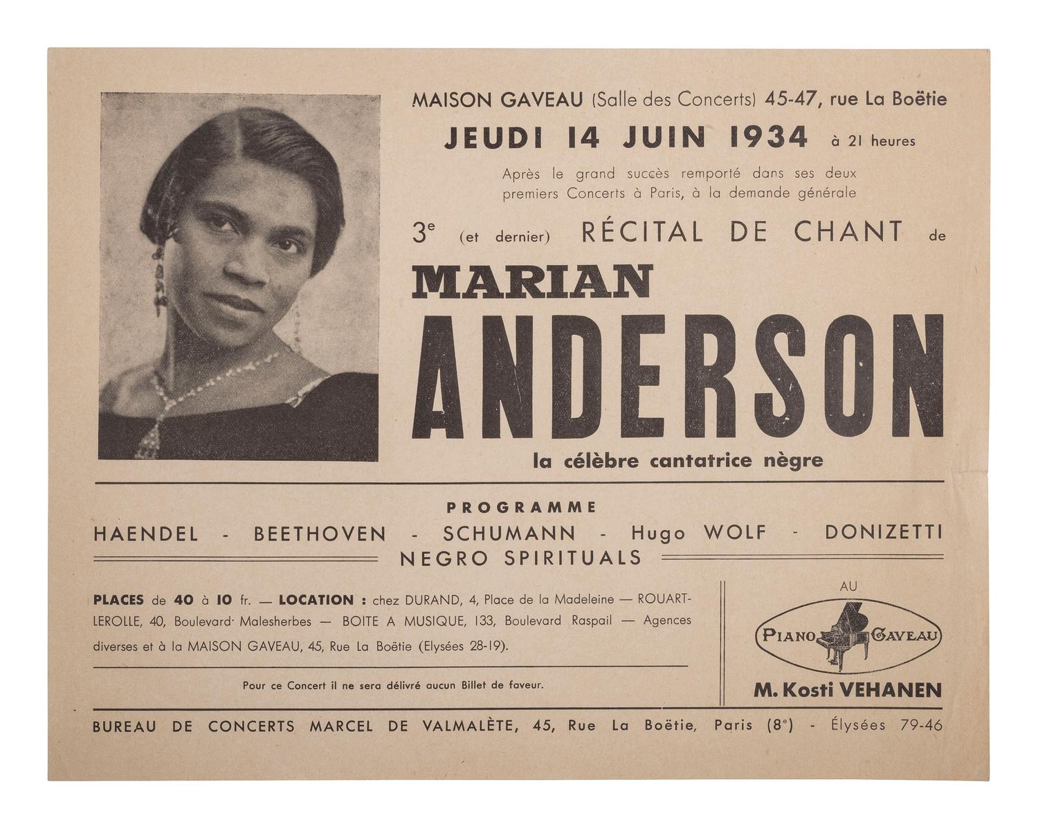 ANDERSON, Marian (1897-1993). Récital de Chant de Marian Anderson la célèbre contatrice nègre. Paris, France, 1934.