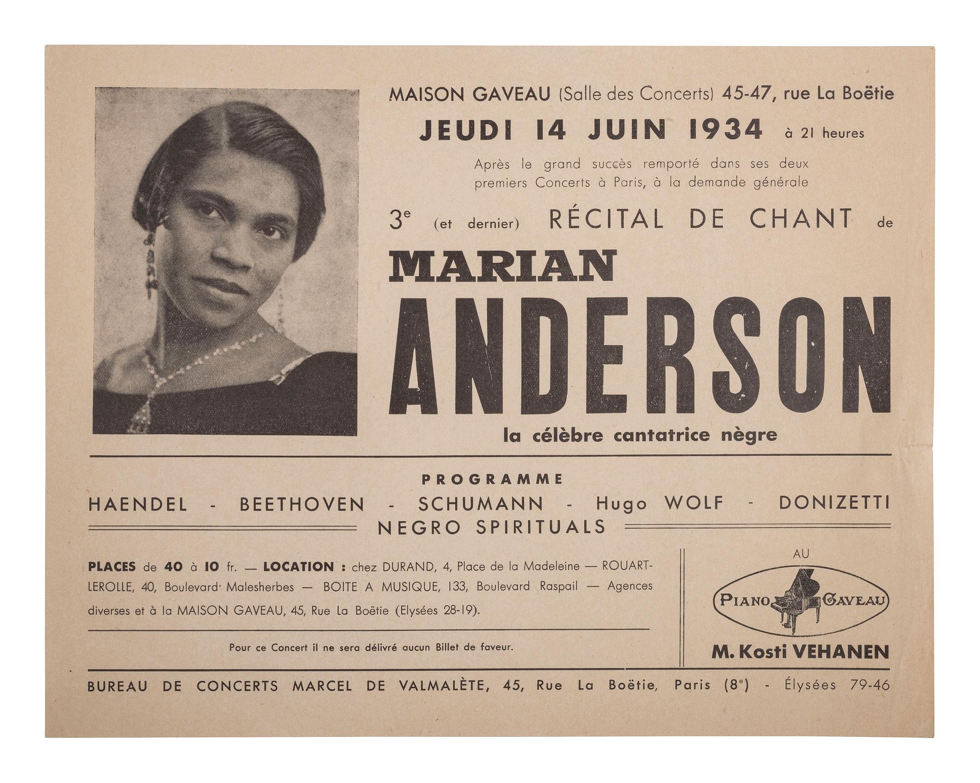 ANDERSON, Marian (1897-1993). Récital de Chant de Marian Anderson la célèbre contatrice nègre. Paris, France, 1934.