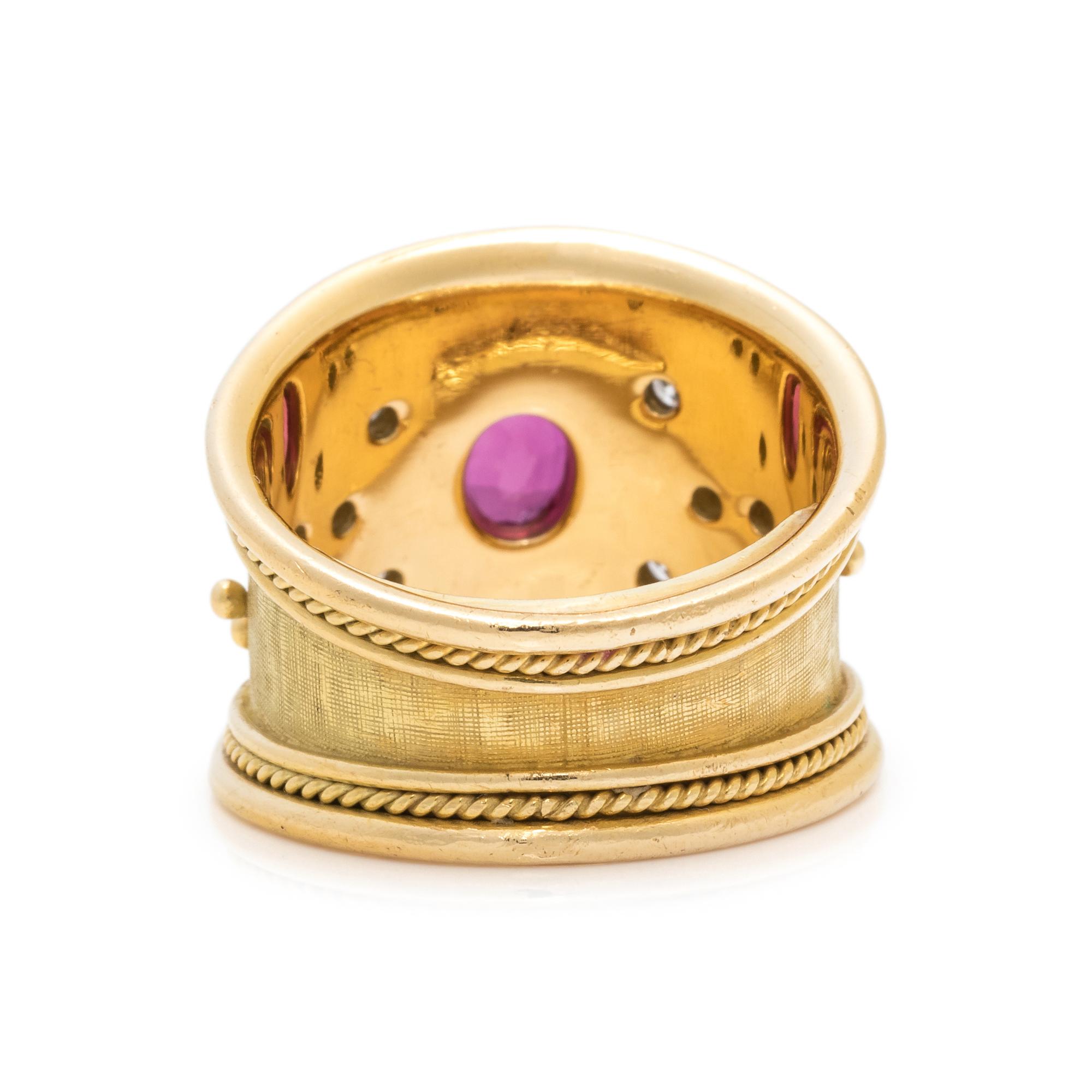 ELIZABETH GAGE, YELLOW GOLD, RUBY AND DIAMOND RING