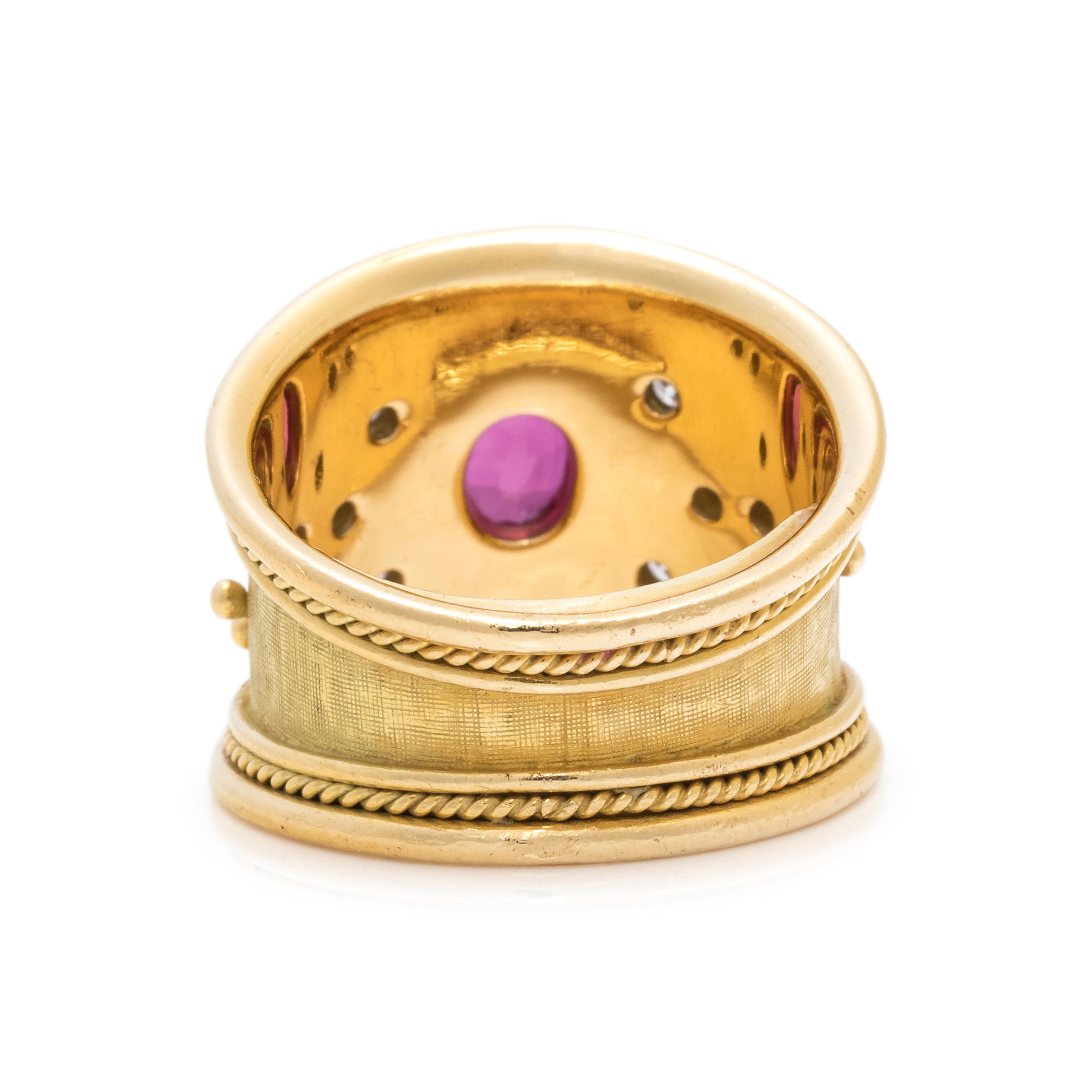 ELIZABETH GAGE, YELLOW GOLD, RUBY AND DIAMOND RING