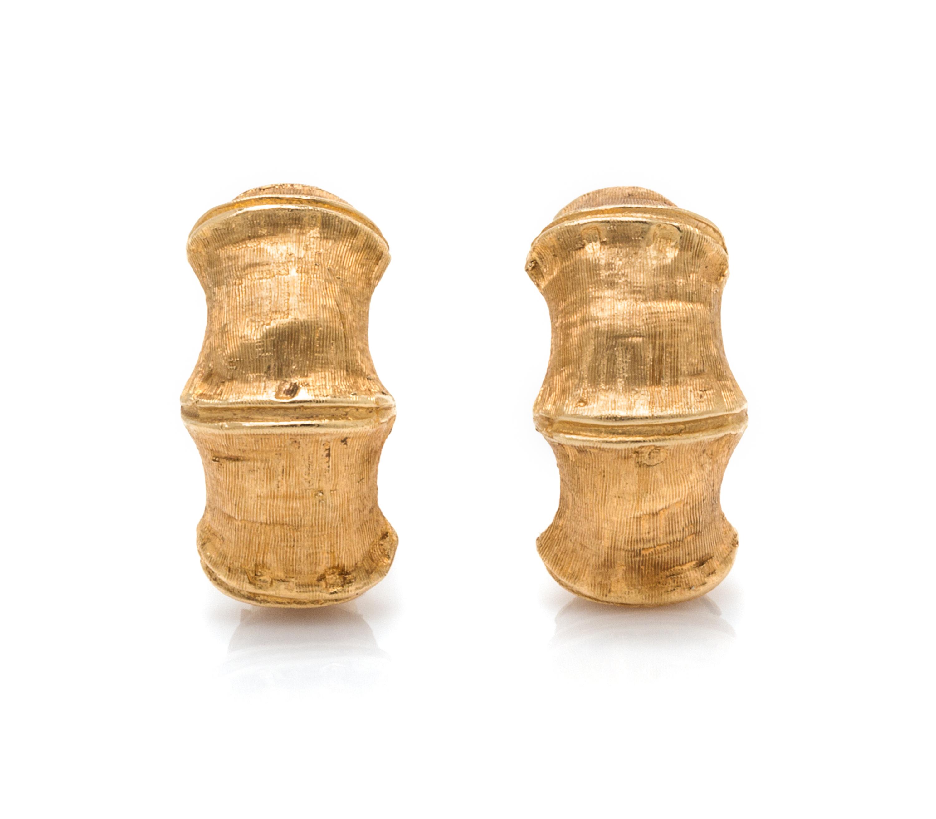 A Pair of 14 Karat Yellow Gold Bamboo Motif Earclips, 7.20 dwts.