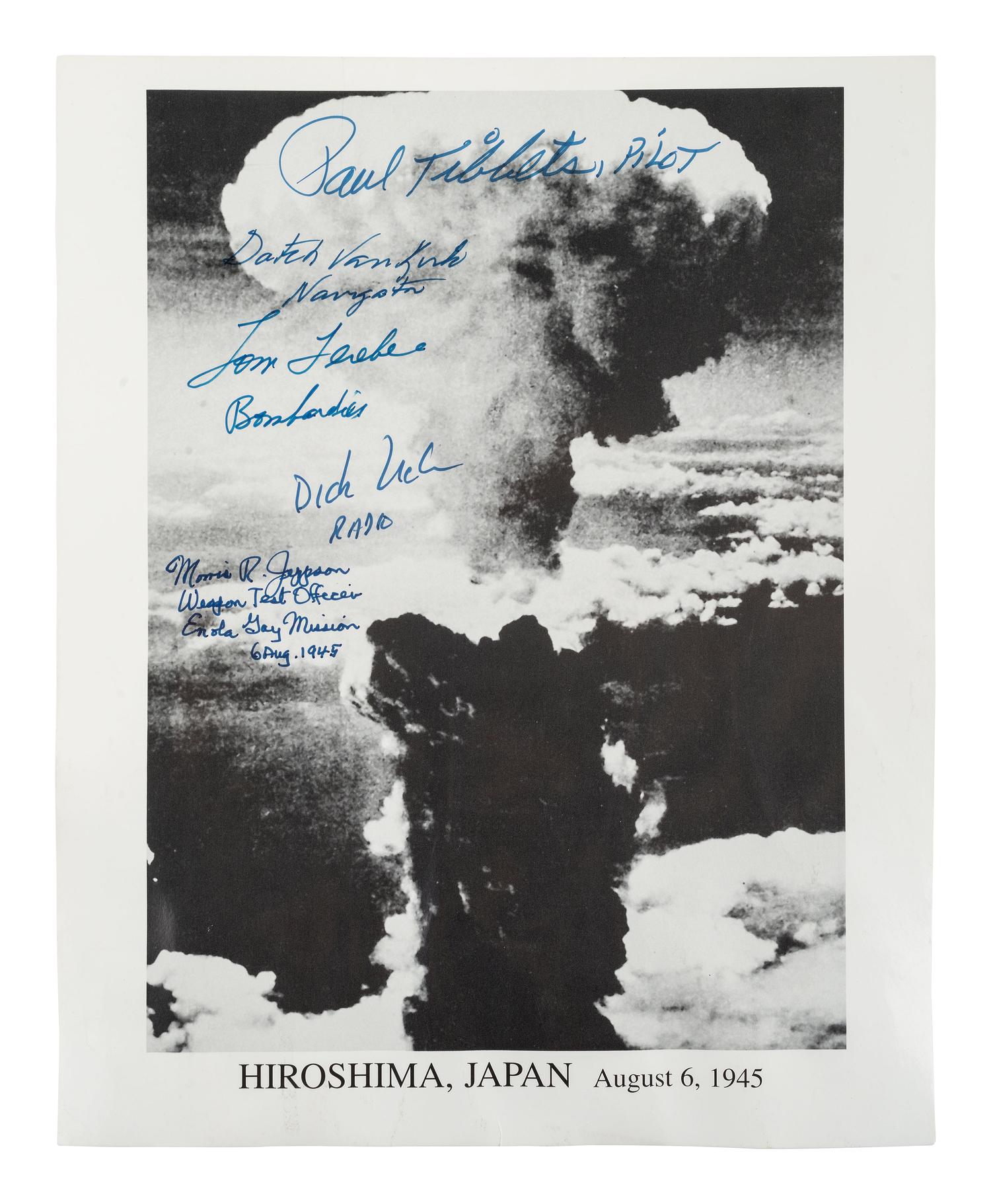 [WORLD WAR II]. Signed photograph of mushroom cloud over Hiroshima, Japan, 6 August 1945.