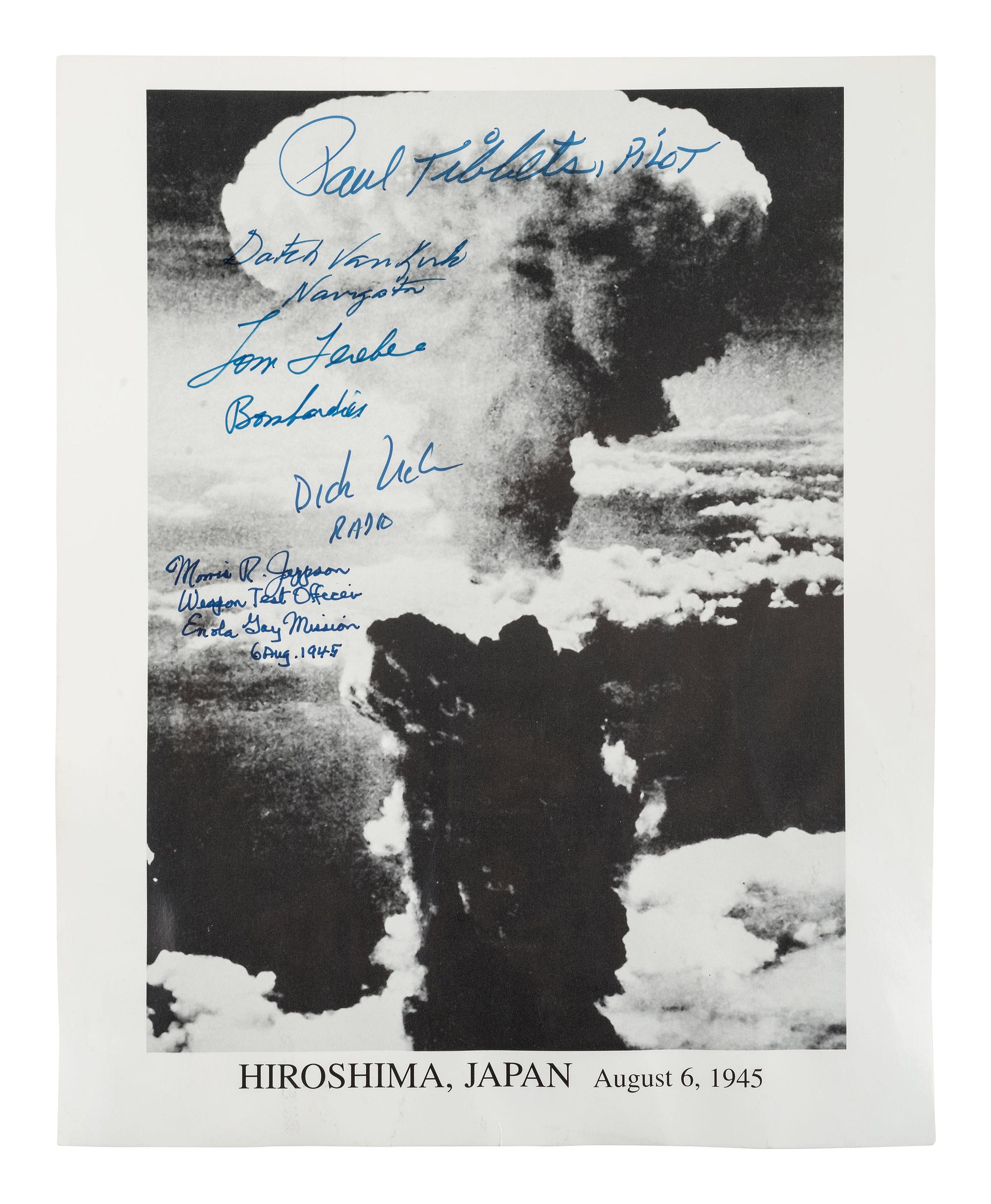 [WORLD WAR II]. Signed photograph of mushroom cloud over Hiroshima, Japan, 6 August 1945.
