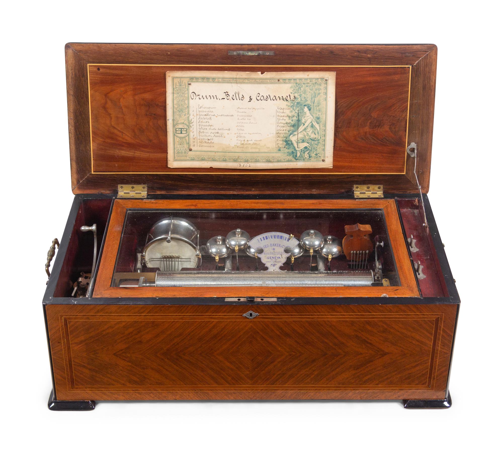 A Swiss Inlaid and Parcel Ebonized Mahogany Cylinder Music Box