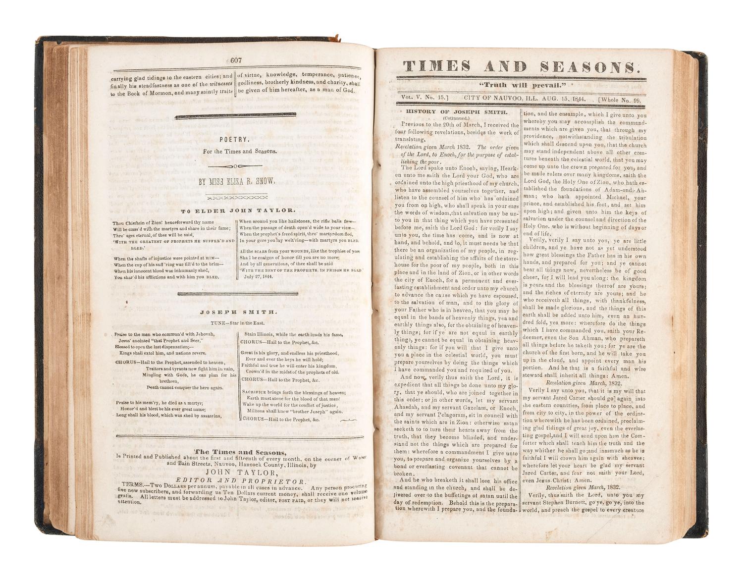 [MORMONISM]. The Times and Seasons, Containing a Compendium of Intelligence Pertaining to the Upbuilding of the Kingdom of God..... Vol. V & VI. Nauvoo, IL: John Taylor, 1844-1846.