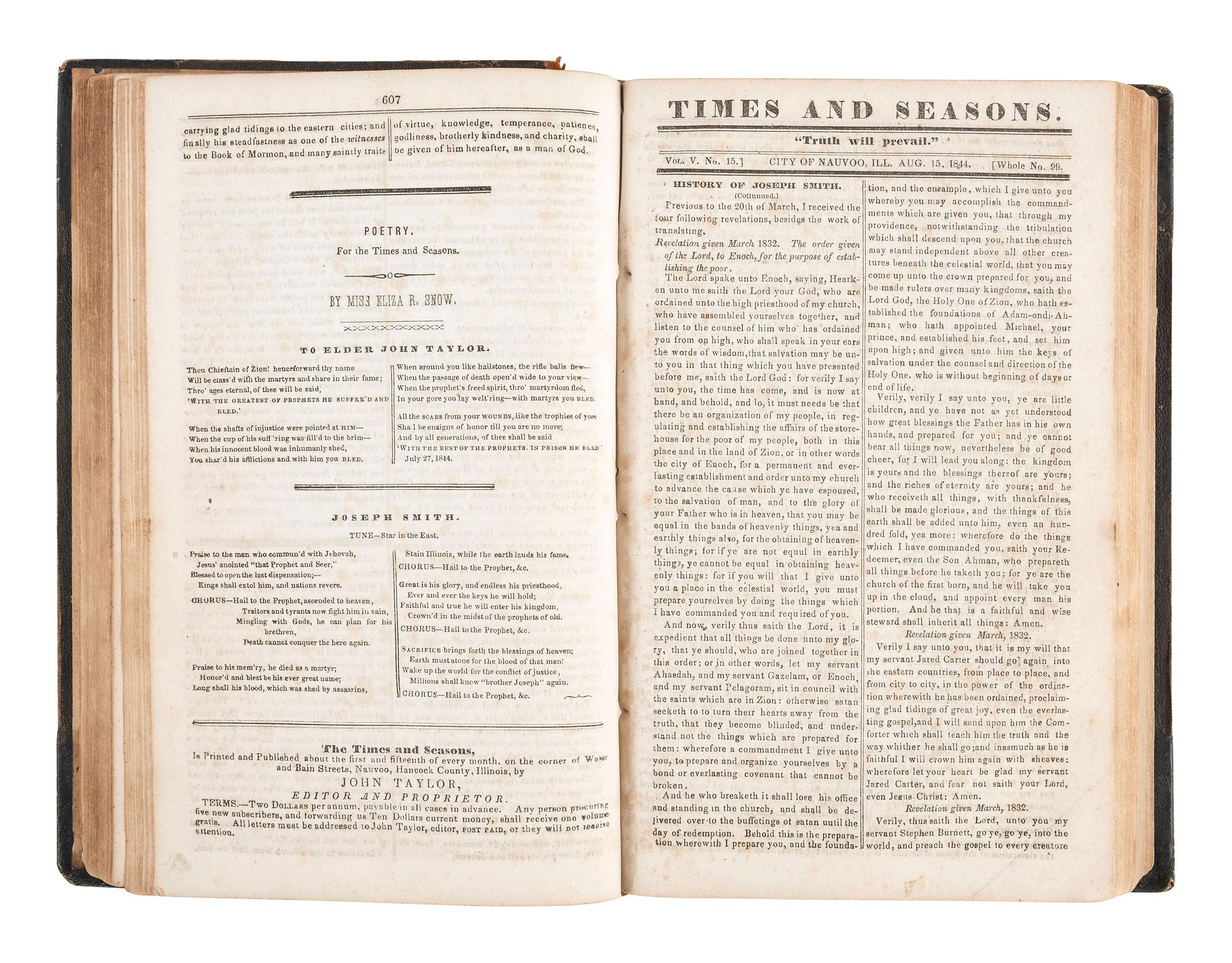 [MORMONISM]. The Times and Seasons, Containing a Compendium of Intelligence Pertaining to the Upbuilding of the Kingdom of God..... Vol. V & VI. Nauvoo, IL: John Taylor, 1844-1846.
