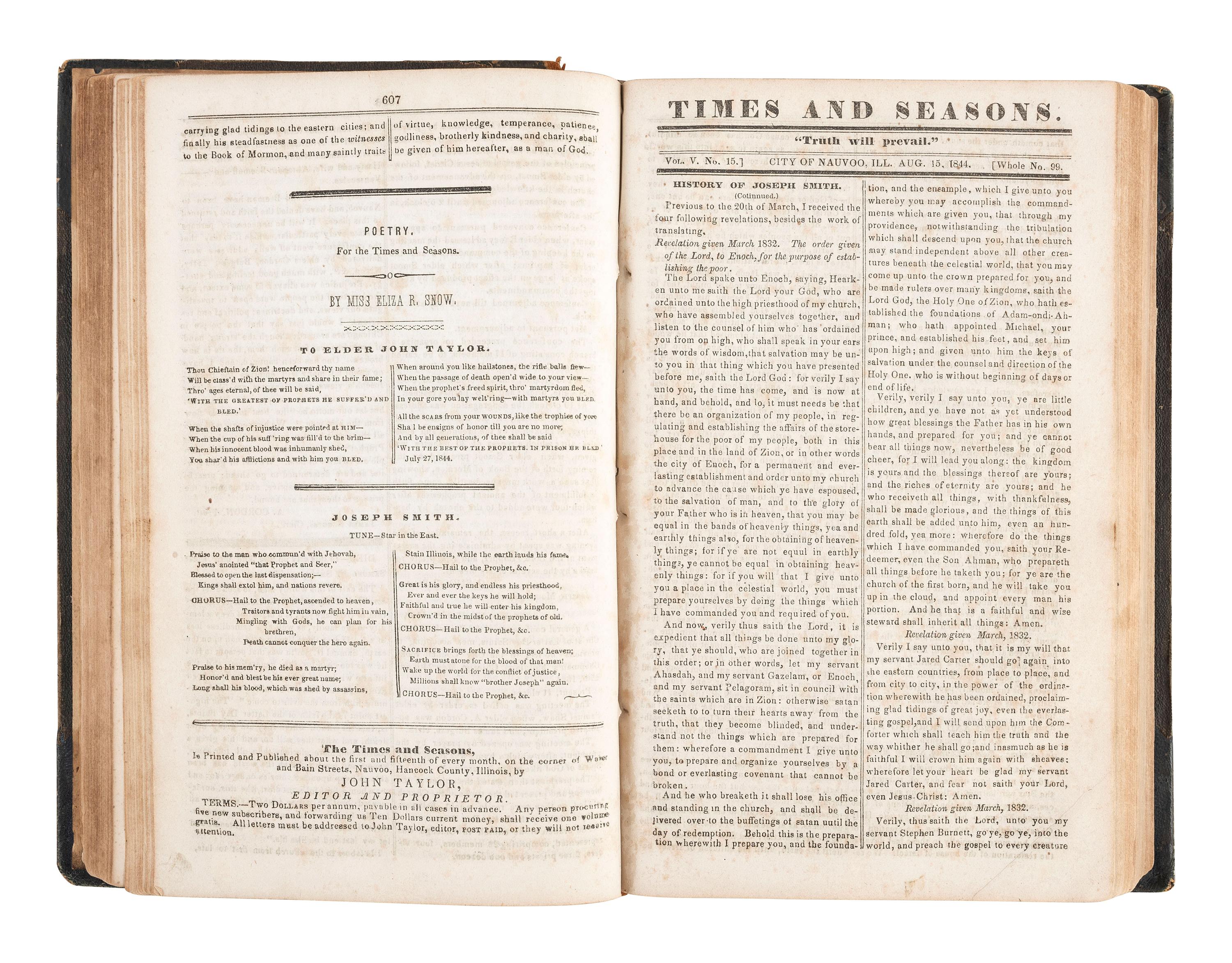 [MORMONISM]. The Times and Seasons, Containing a Compendium of Intelligence Pertaining to the Upbuilding of the Kingdom of God..... Vol. V & VI. Nauvoo, IL: John Taylor, 1844-1846.