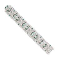An Art Deco Platinum, Diamond and Emerald Bracelet, 46.80 dwts.
