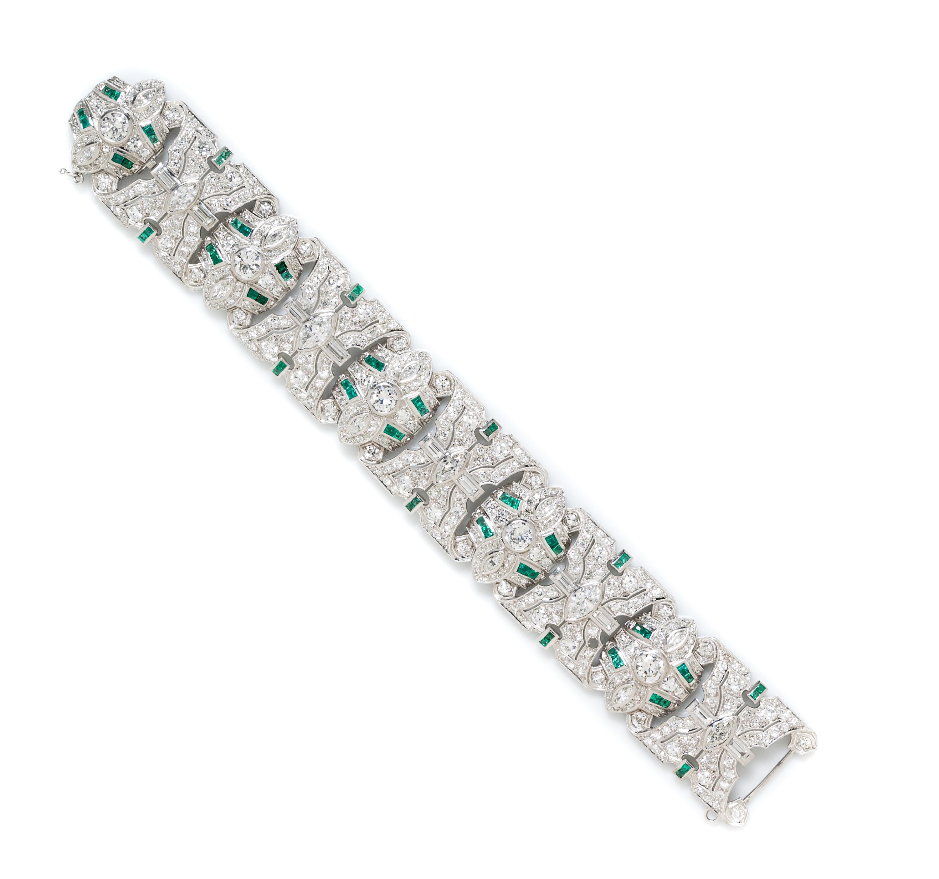 An Art Deco Platinum, Diamond and Emerald Bracelet, 46.80 dwts.