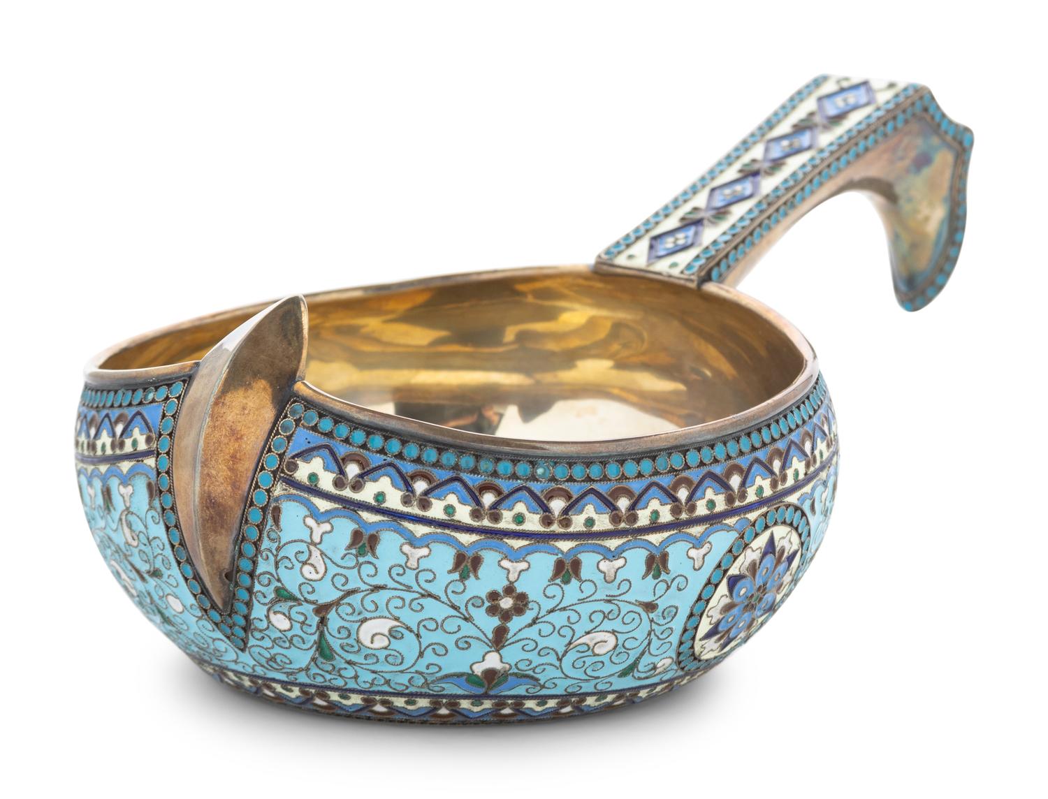 A Russian Silver and Enamel Kovsh