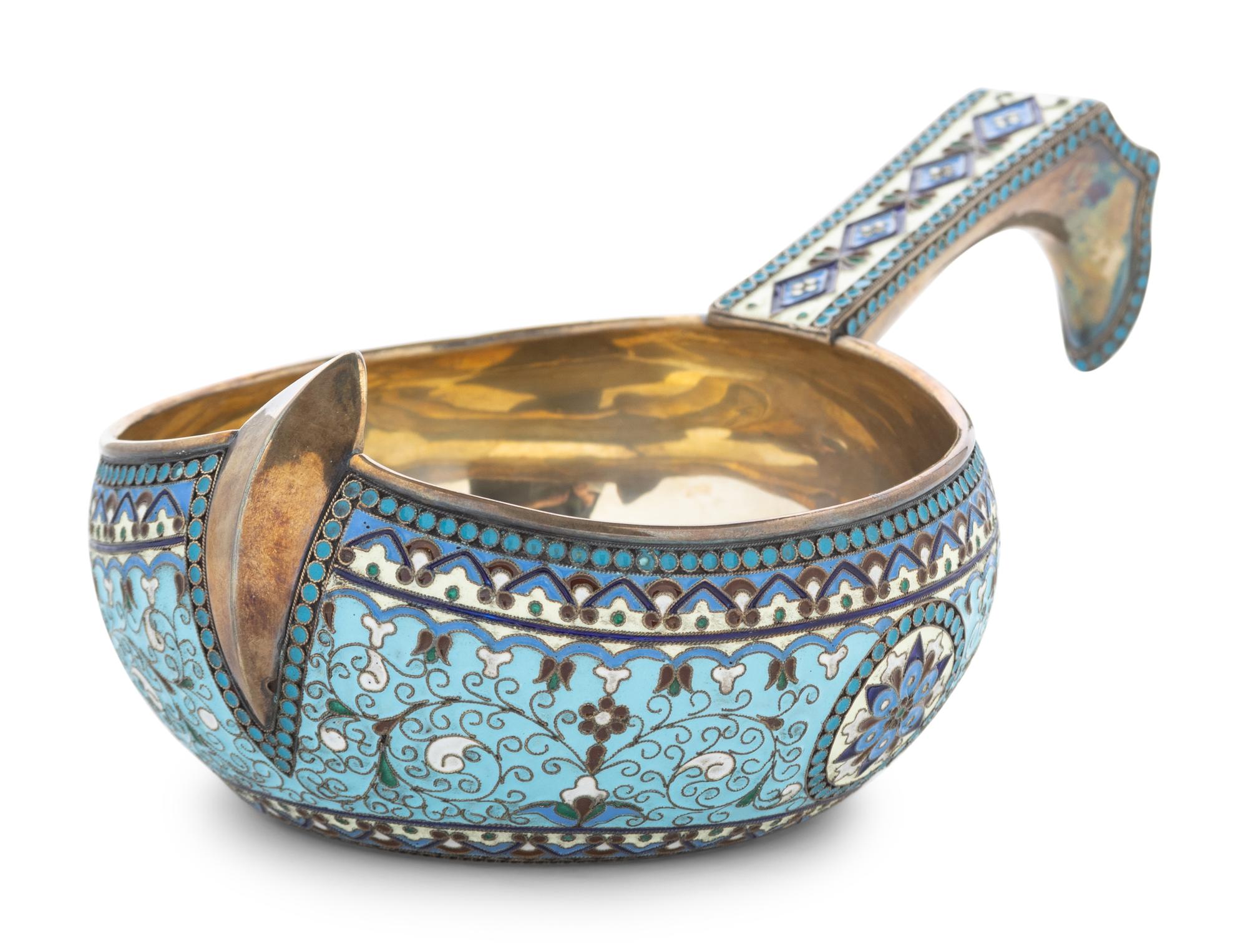 A Russian Silver and Enamel Kovsh