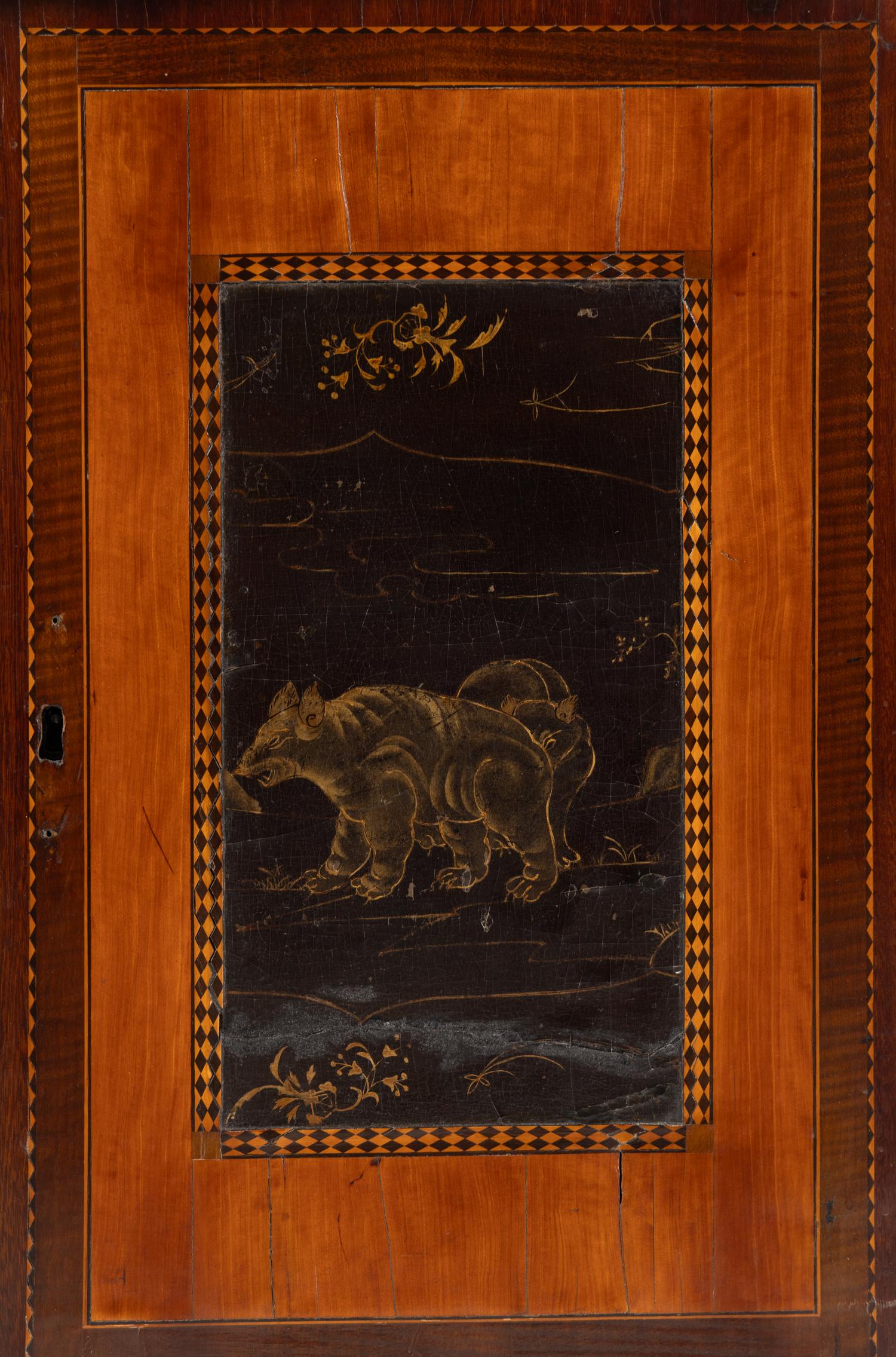 A Regency Lacquer Panel-Inset Mahogany and Marquetry Cabinet