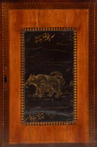 A Regency Lacquer Panel-Inset Mahogany and Marquetry Cabinet