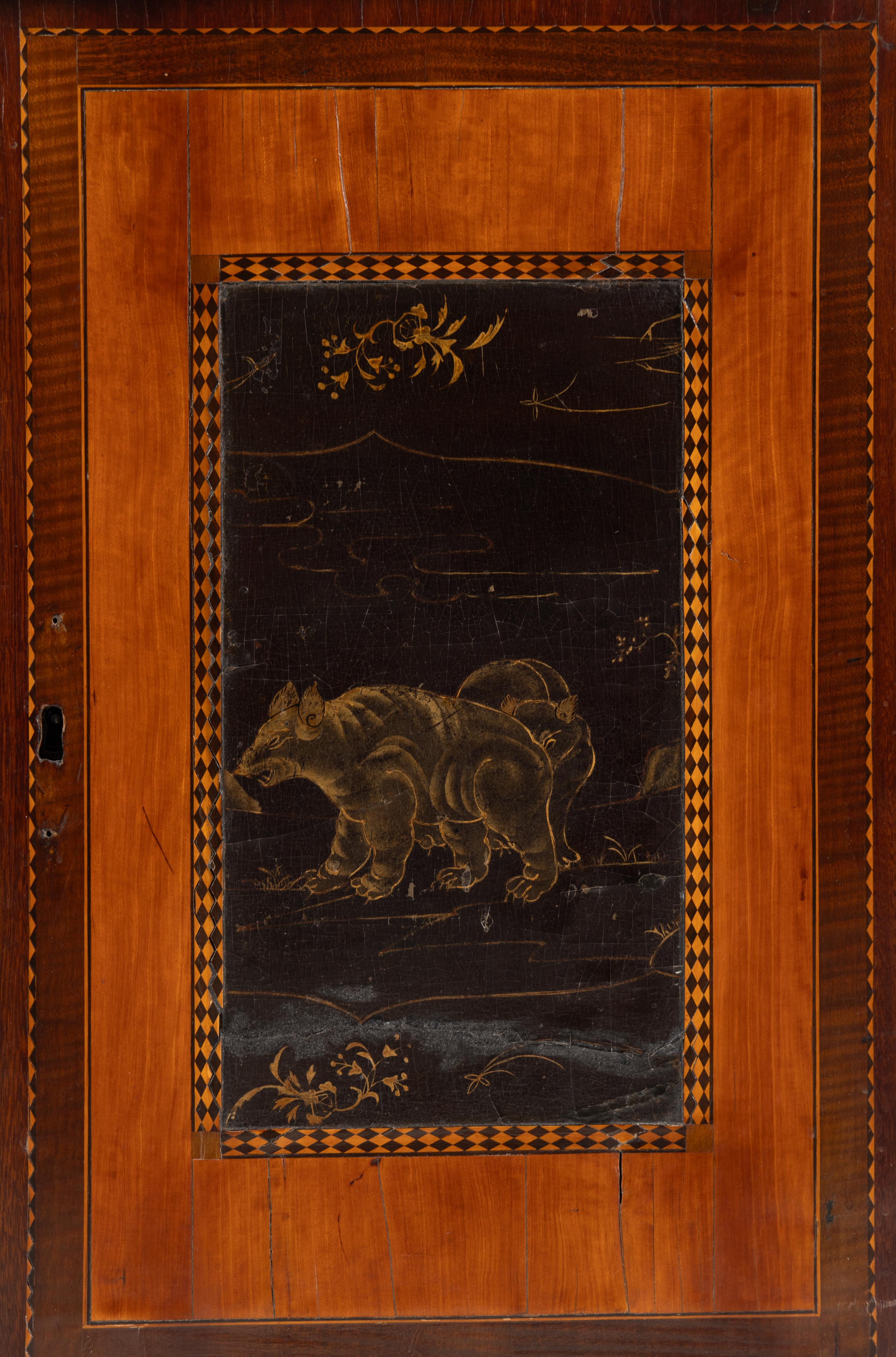 A Regency Lacquer Panel-Inset Mahogany and Marquetry Cabinet