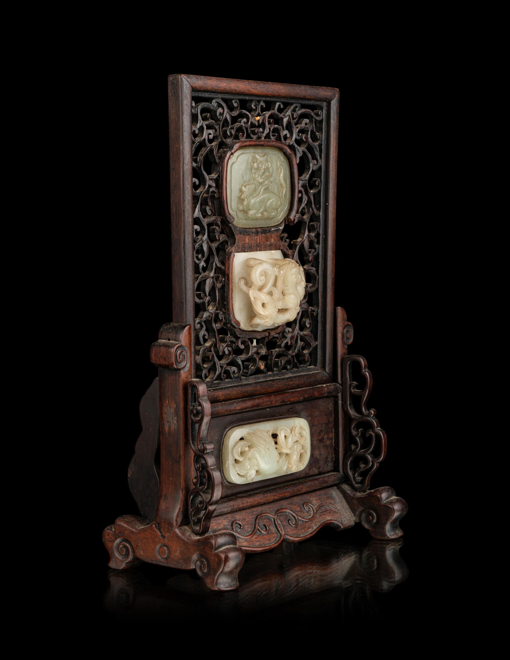 A Jade Inset Hardwood Table Screen