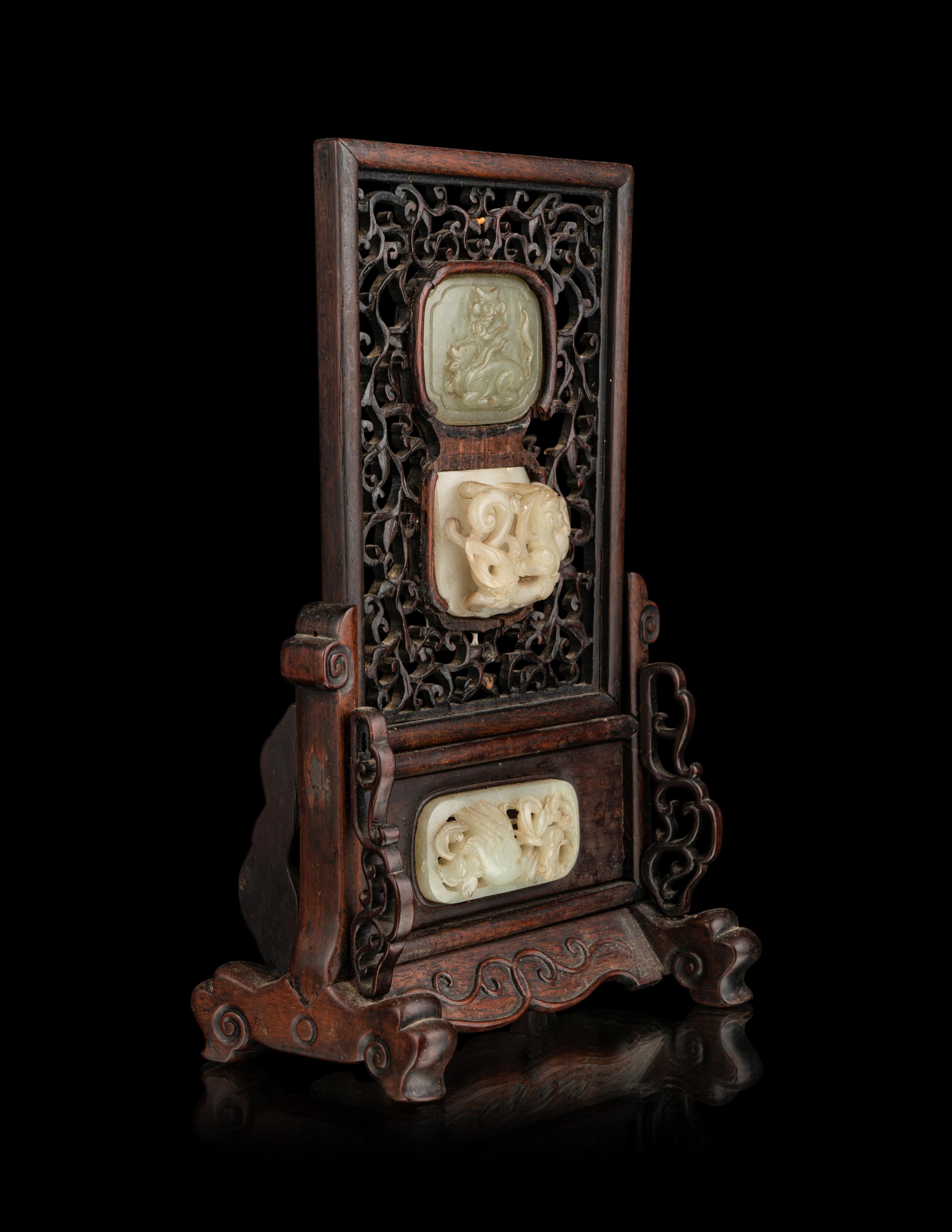 A Jade Inset Hardwood Table Screen