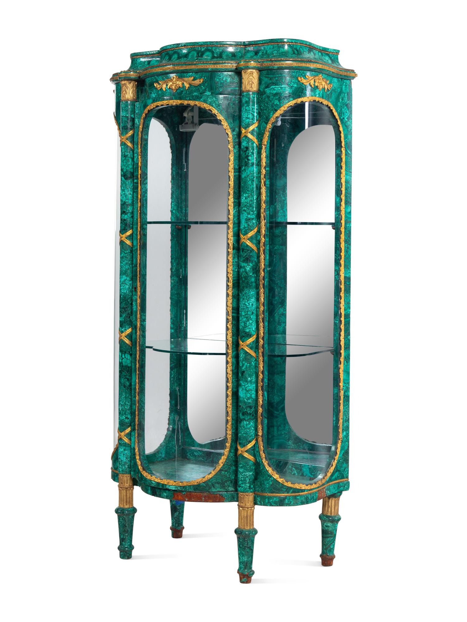 A Louis XV/XVI Transitional Style Gilt Metal Mounted Malachite Veneered Vitrine Cabinet