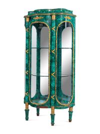 A Louis XV/XVI Transitional Style Gilt Metal Mounted Malachite Veneered Vitrine Cabinet