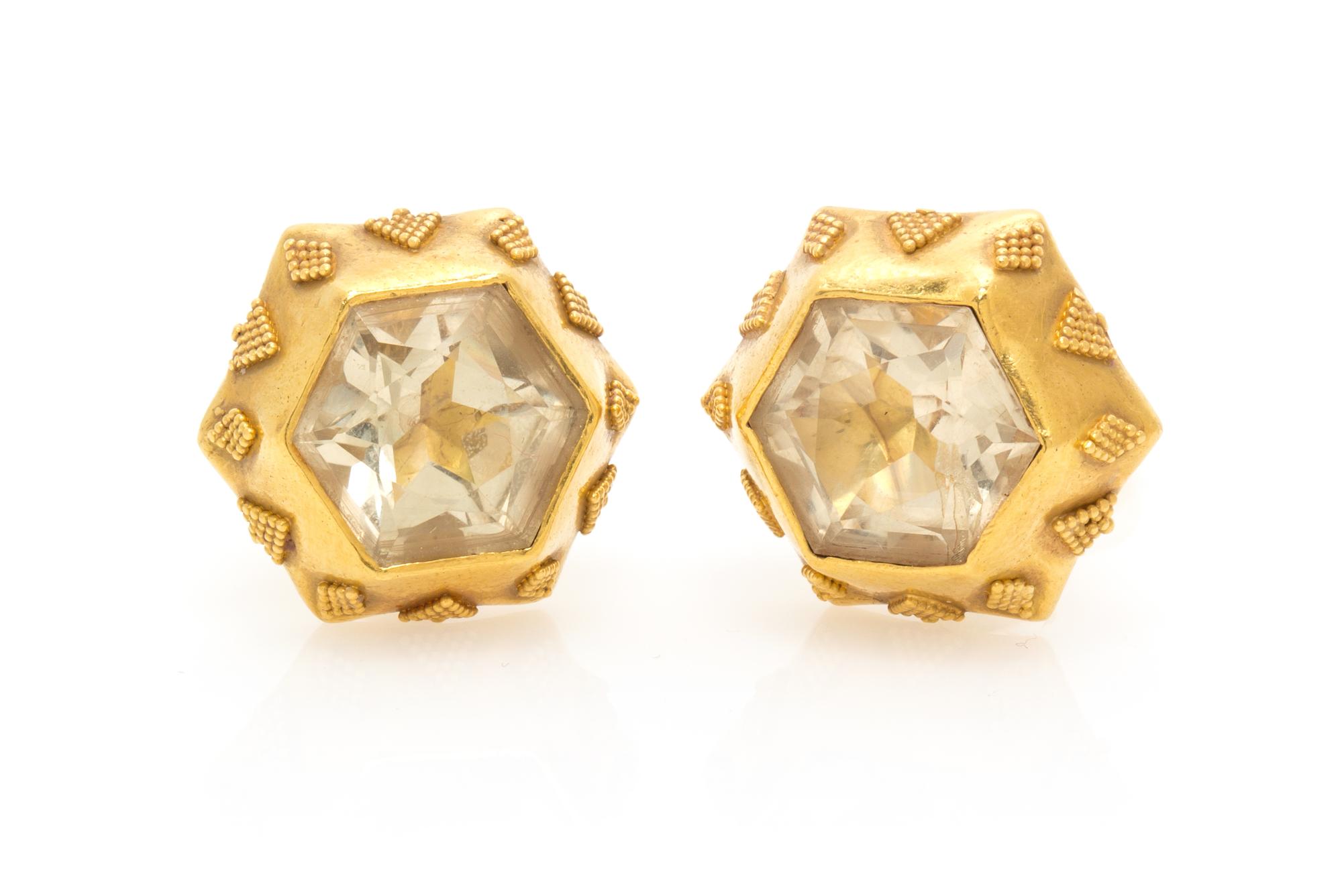 A Pair of 18 Karat Yellow Gold and Yellow Beryl Earclips, Luna Felix, 10.40 dwts.