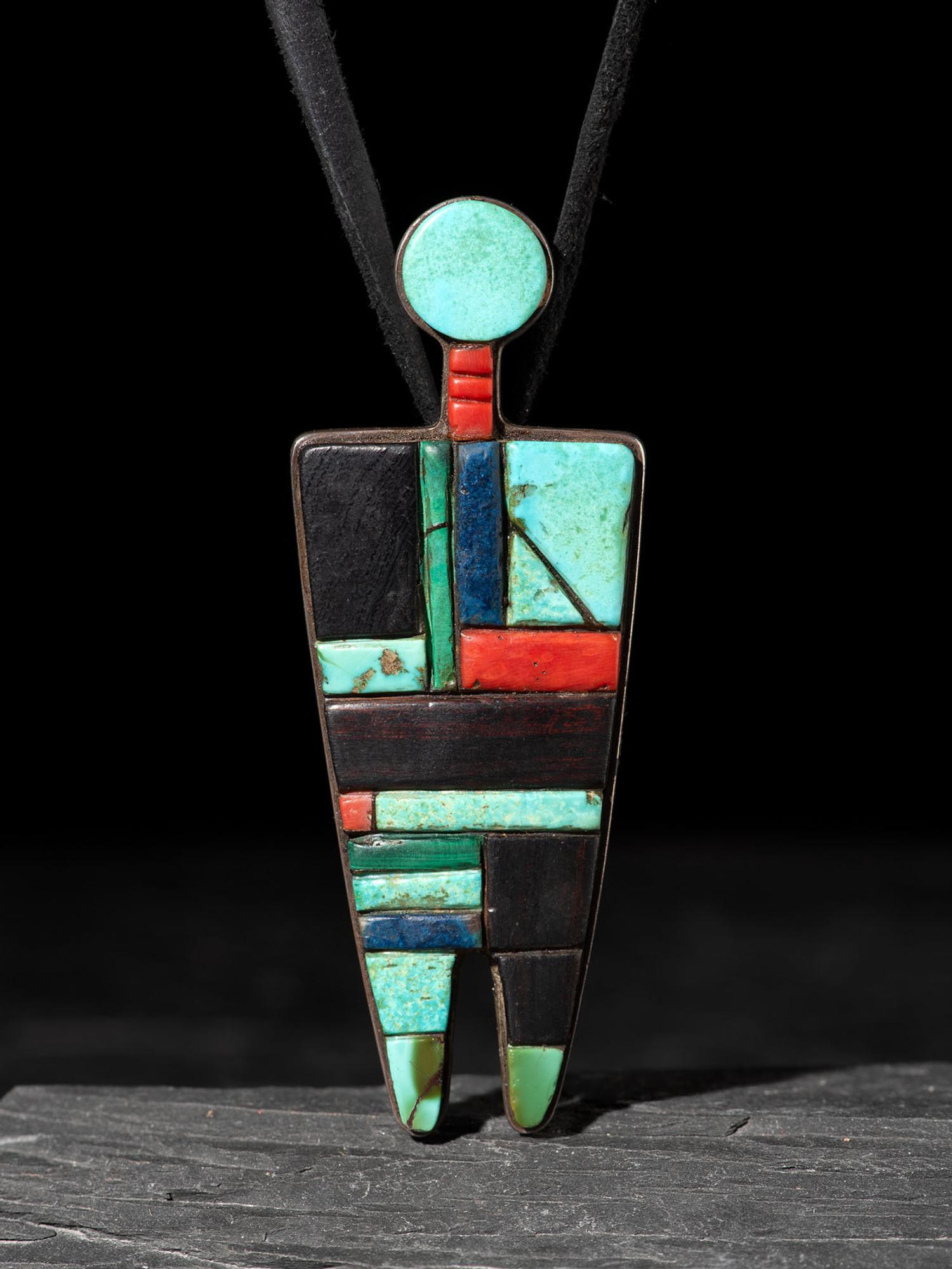 Large Silver Figural Pendant with Mosaic Inlay