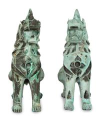 A Pair of Large Patinated Bronze Temple Lions
