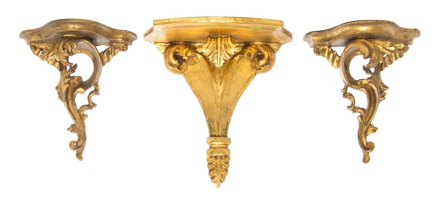 Two Pairs of Italian Giltwood Wall Brackets, Height of tallest 10 inches.