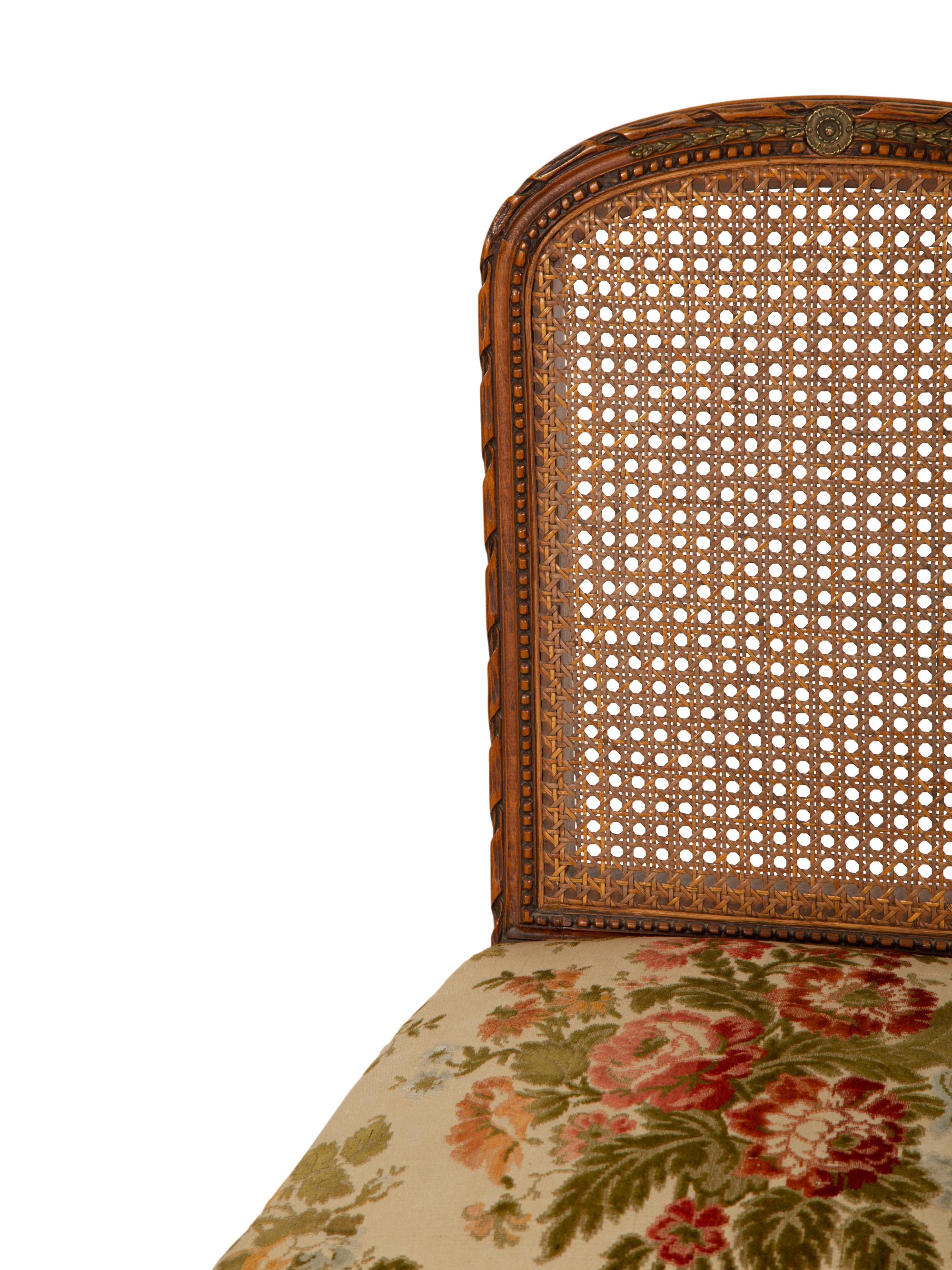 A Pair of Italian Louis XVI Style Gilt Metal Mounted Mahogany and Canework Side Chairs