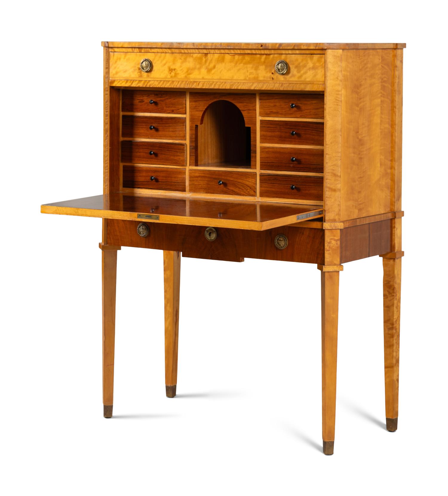 A Swedish Neoclassical Style Birch, Mahogany, and Rosewood Fall-Front Bureau