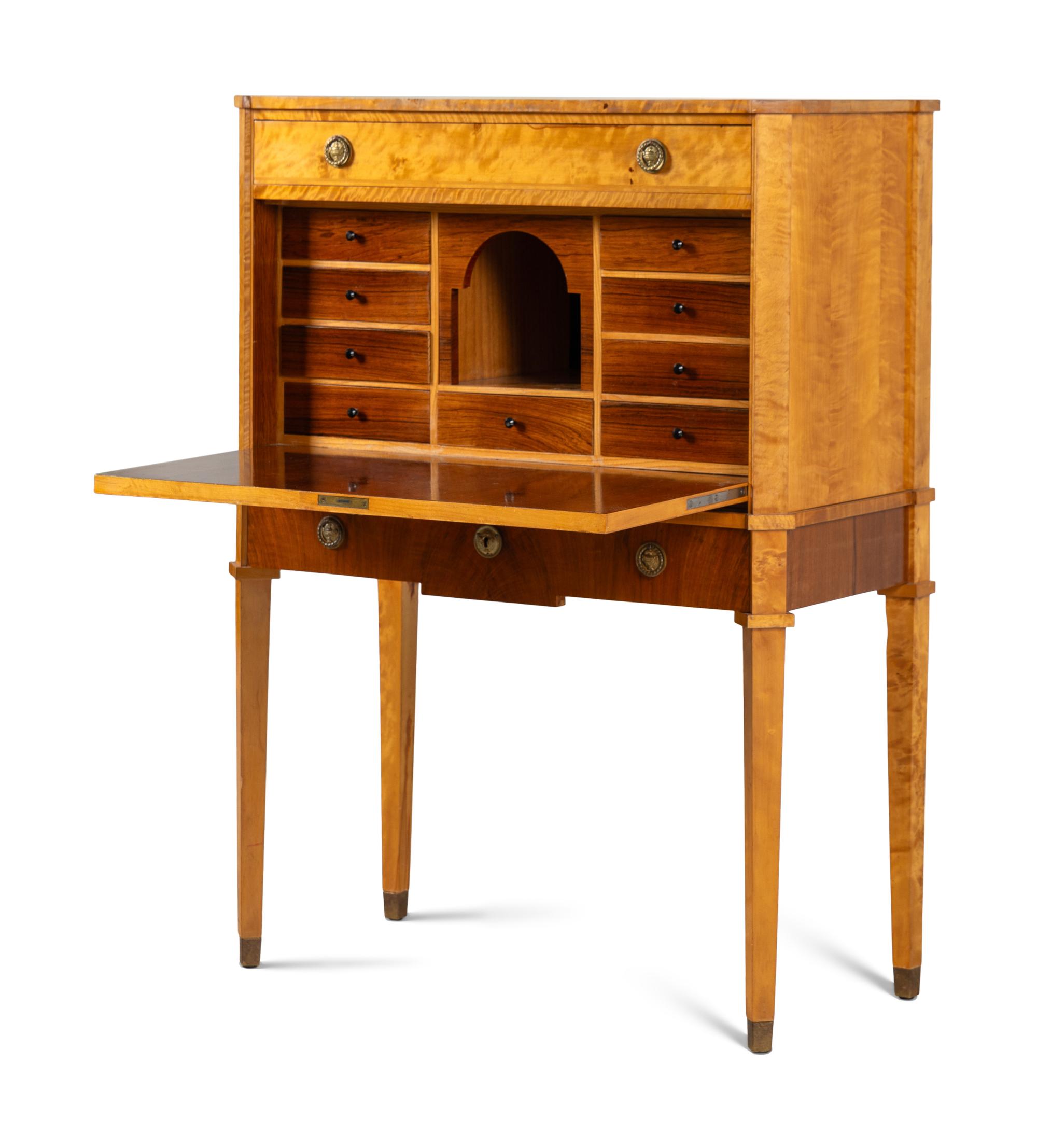 A Swedish Neoclassical Style Birch, Mahogany, and Rosewood Fall-Front Bureau