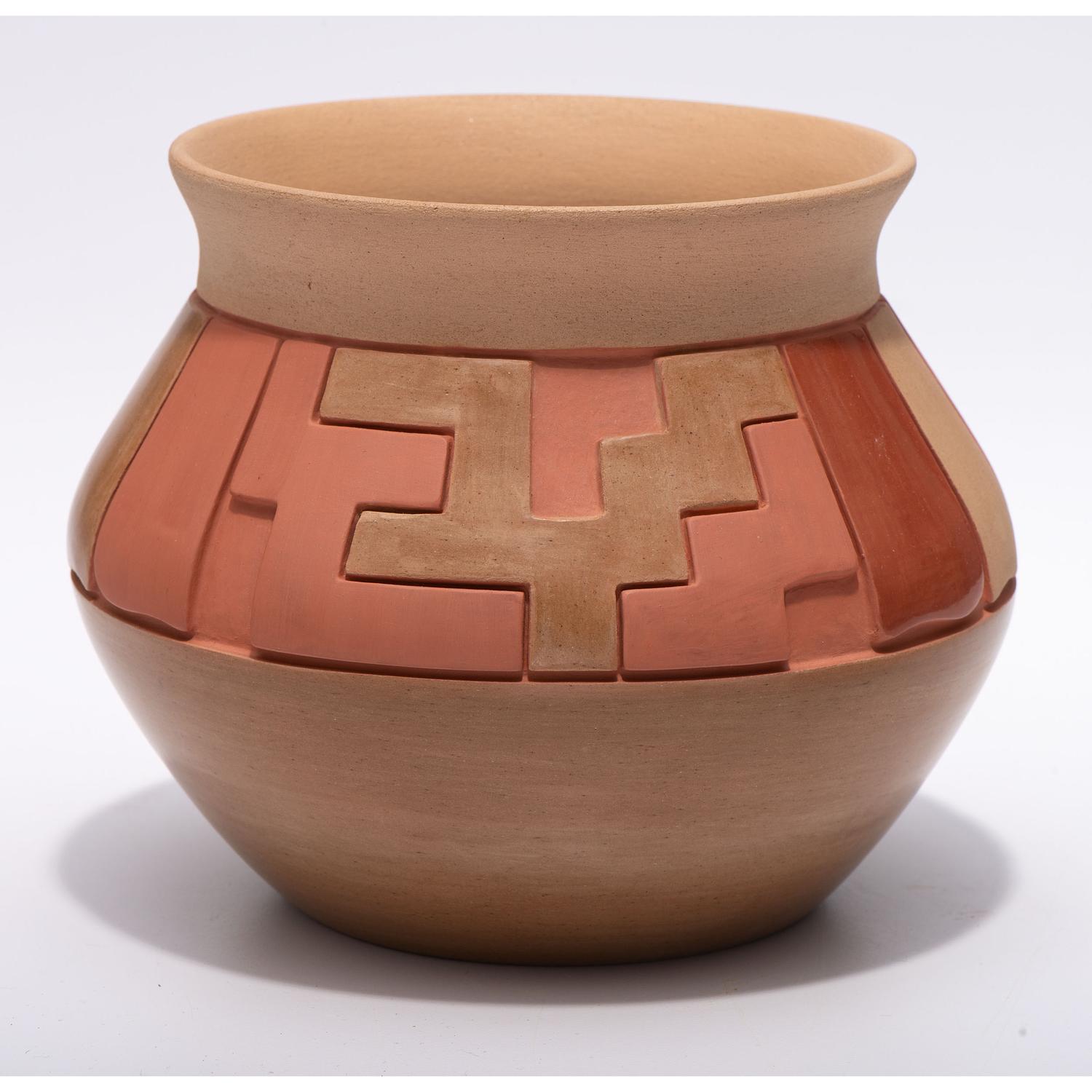 Carved Red and Tan Pottery Jar