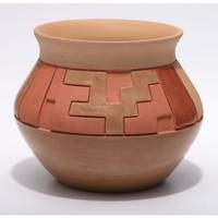 Carved Red and Tan Pottery Jar
