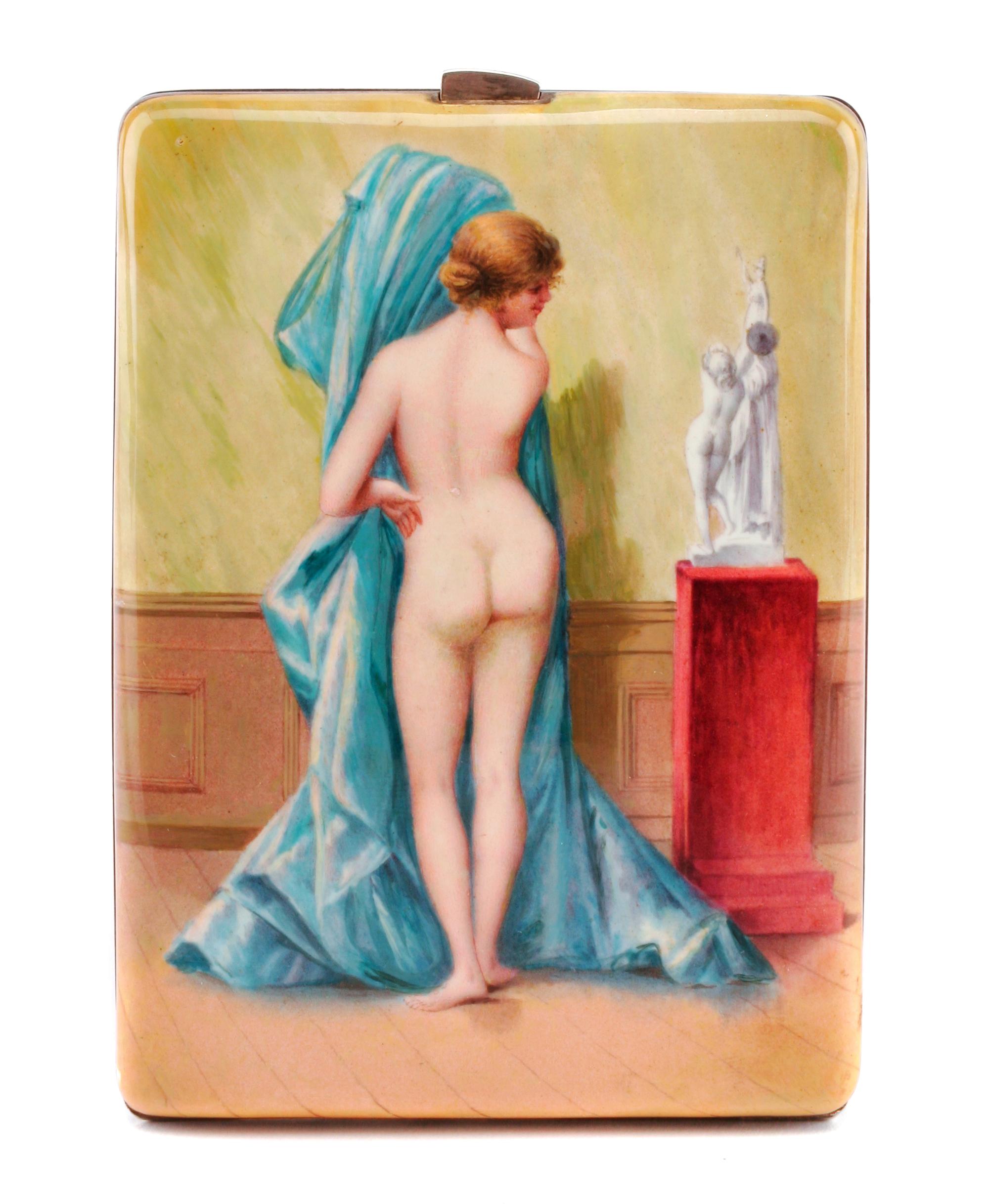 An English Enameled Silver Cigarette Case, Maker's Marks Obscured, the lid enameled to show a nude model.
