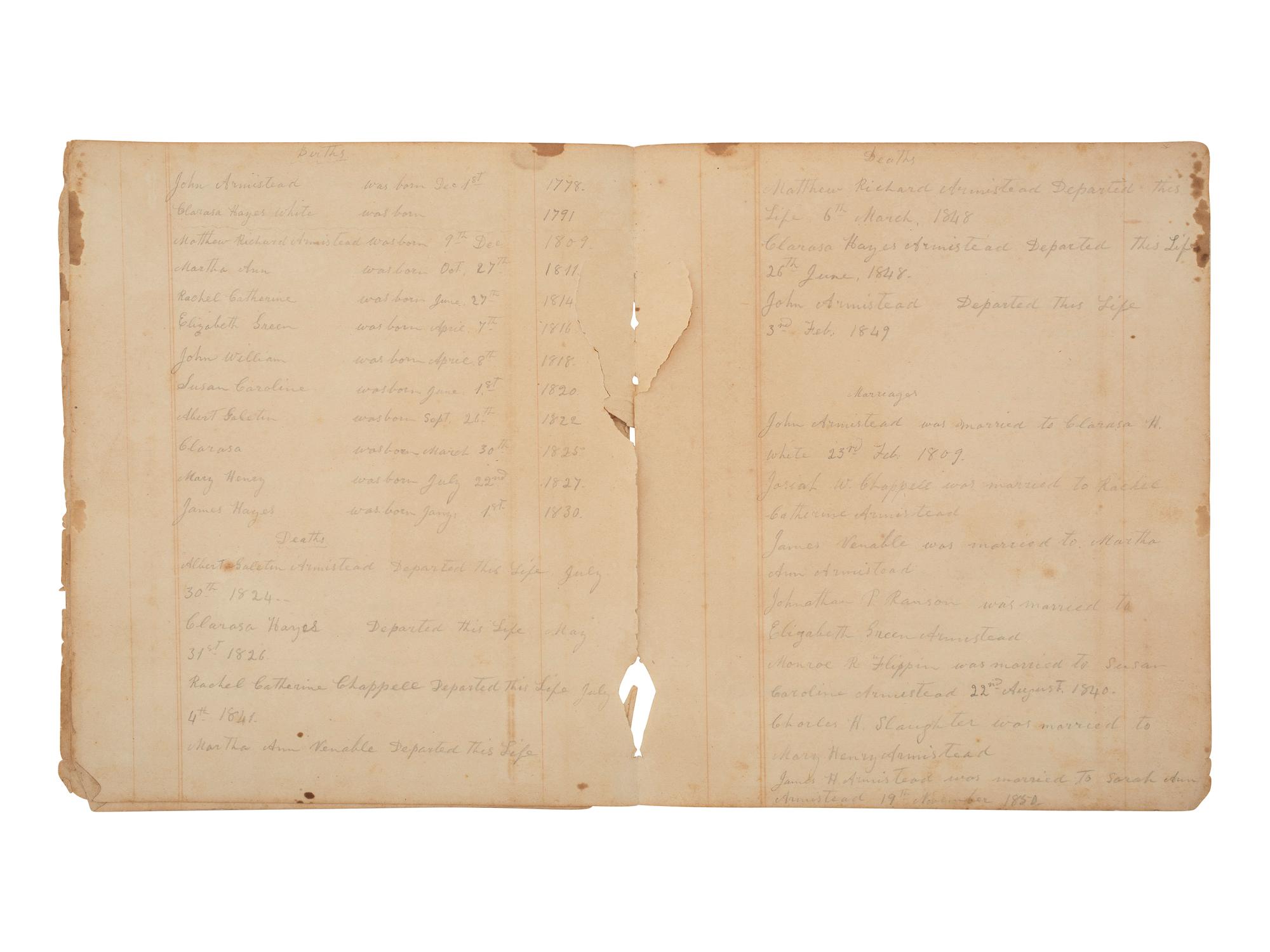 [ENSLAVEMENT & ABOLITION]. Four leaves from a ledger listing the Armistead and White family histories, incl. births of several enslaved individuals.