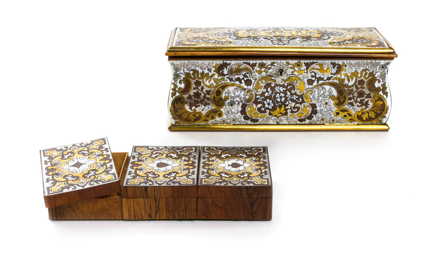 A Brass, Pewter and Ivory Inlaid Table Casket, Width of first 9 1/2 inches.