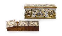 A Brass, Pewter and Ivory Inlaid Table Casket, Width of first 9 1/2 inches.