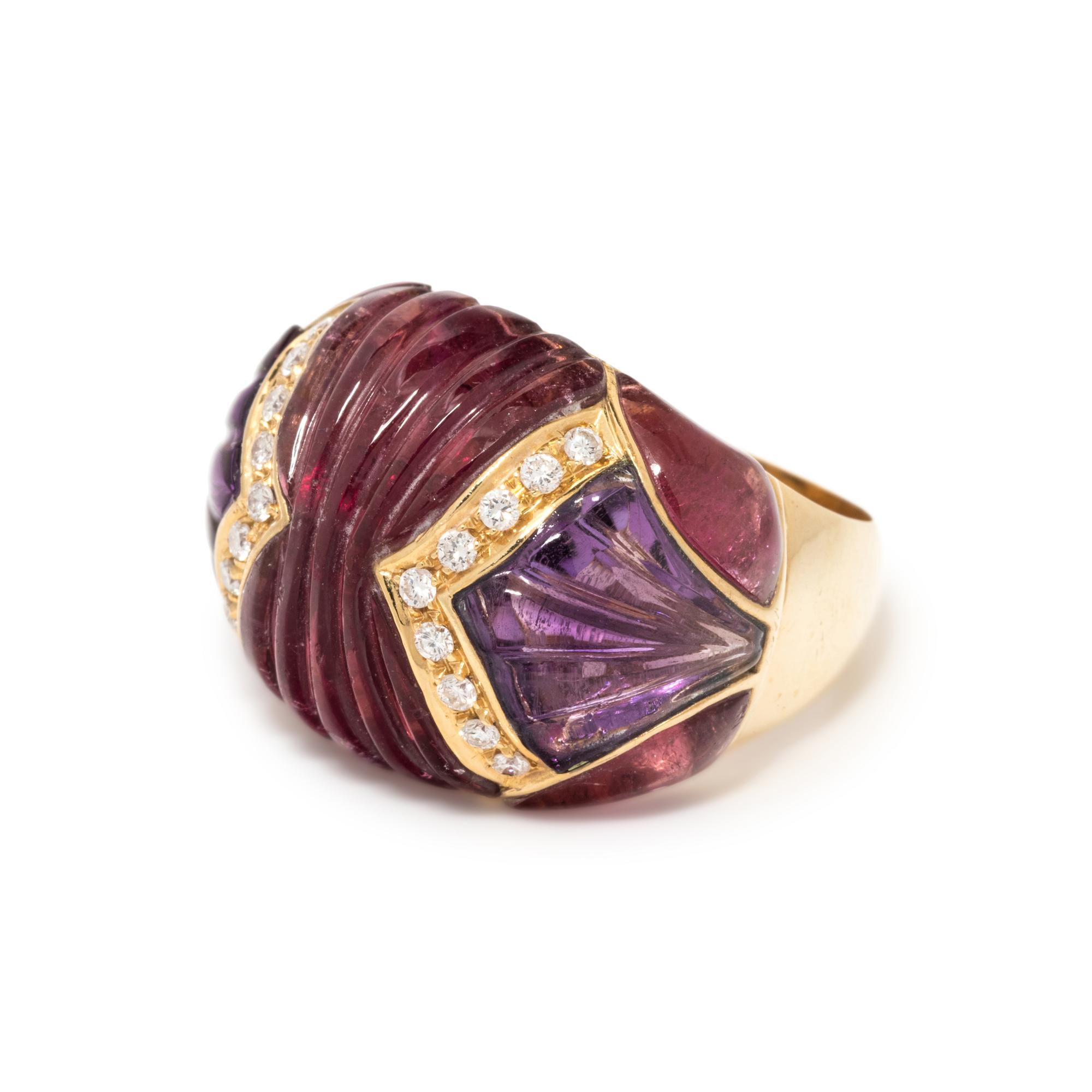 PINK TOURMALINE, AMETHYST AND DIAMOND RING
