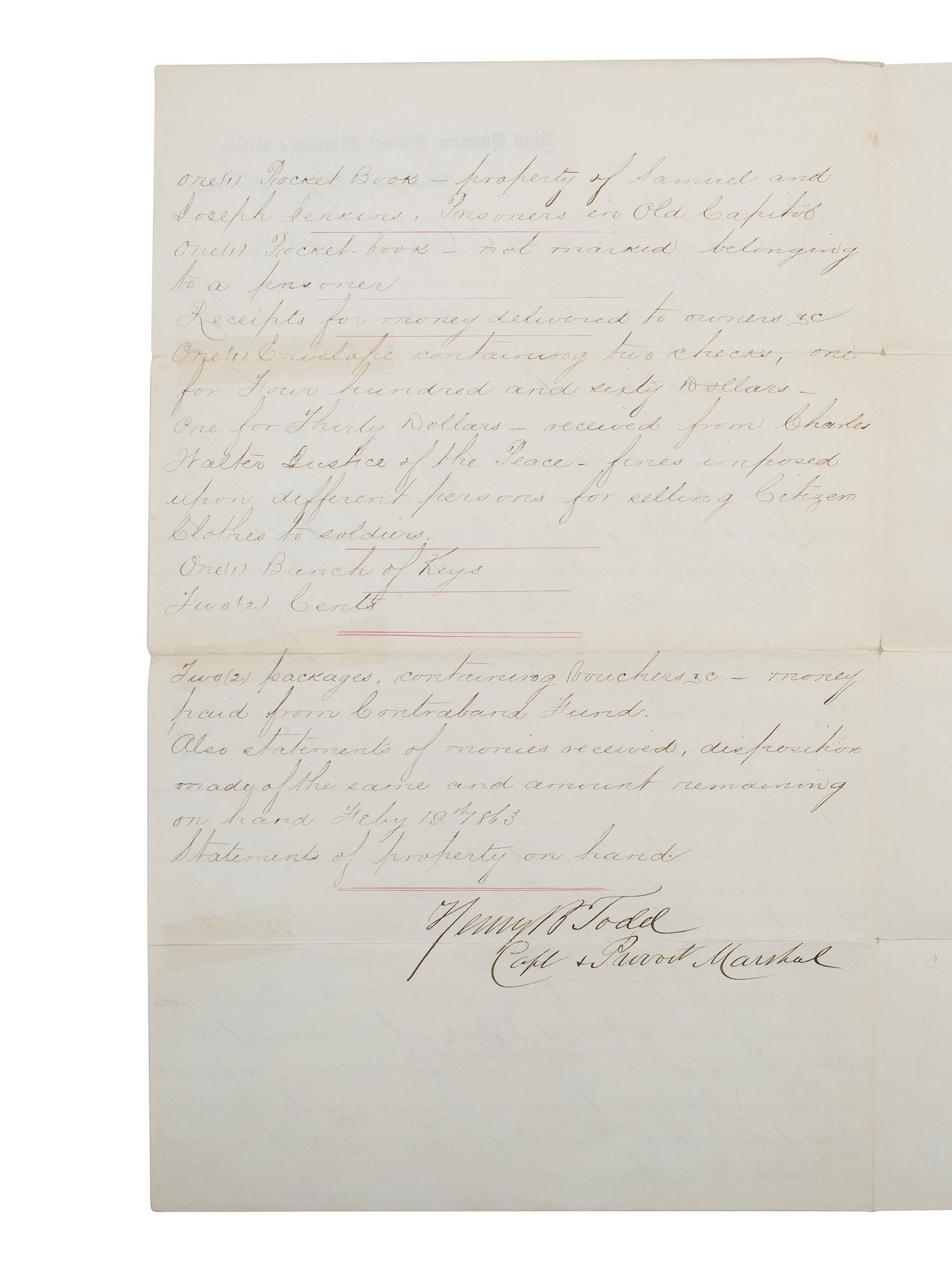 [SLAVERY & ABOLITION] -- [CIVIL WAR]. Autograph document regarding the Contraband Fund. Washington, DC, 20 February 1863.