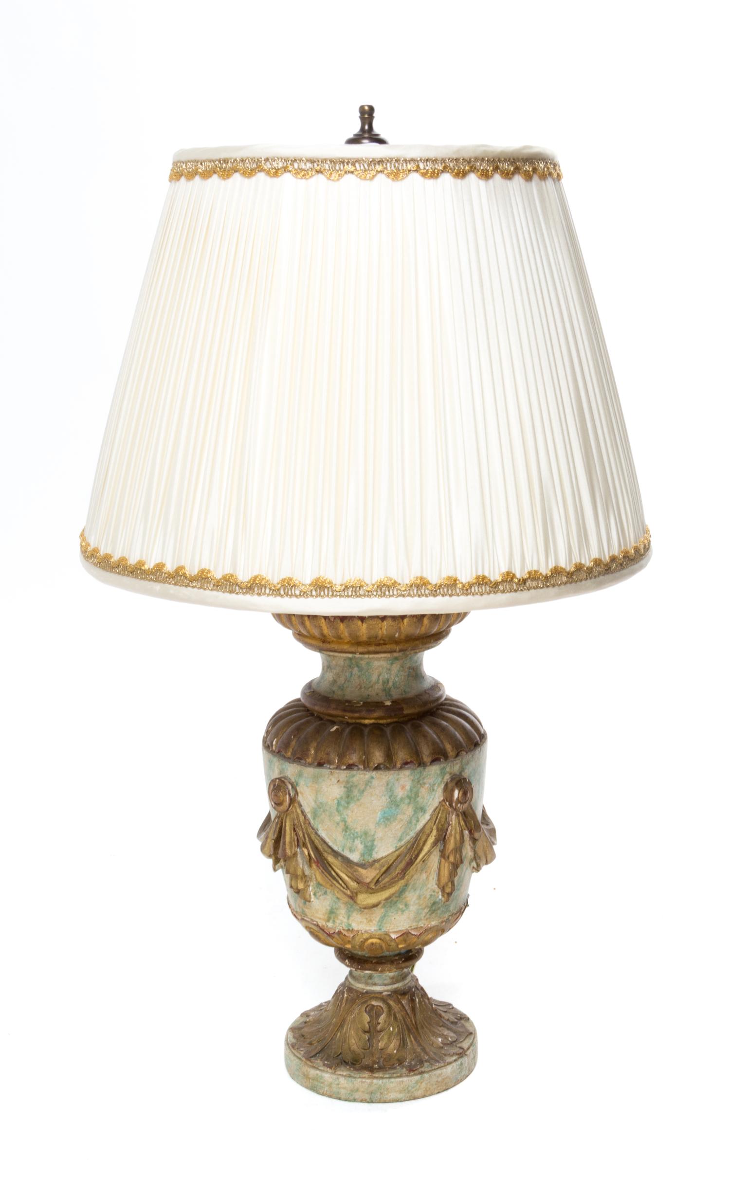 A Painted and Parcel Gilt Table Lamp Height overall 20 1/4 inches.