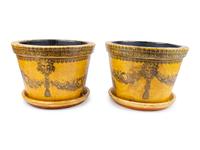 A Pair of English Papier Mache Over Terracotta Planters with Under Trays — 19TH/20TH CENTURY