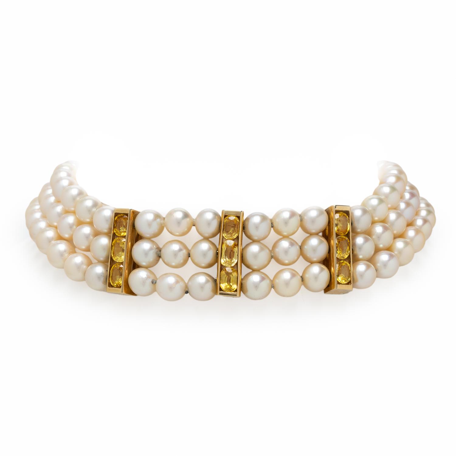 TRIPLE STRAND CULTURED PEARL AND CITRINE CHOKER NECKLACE