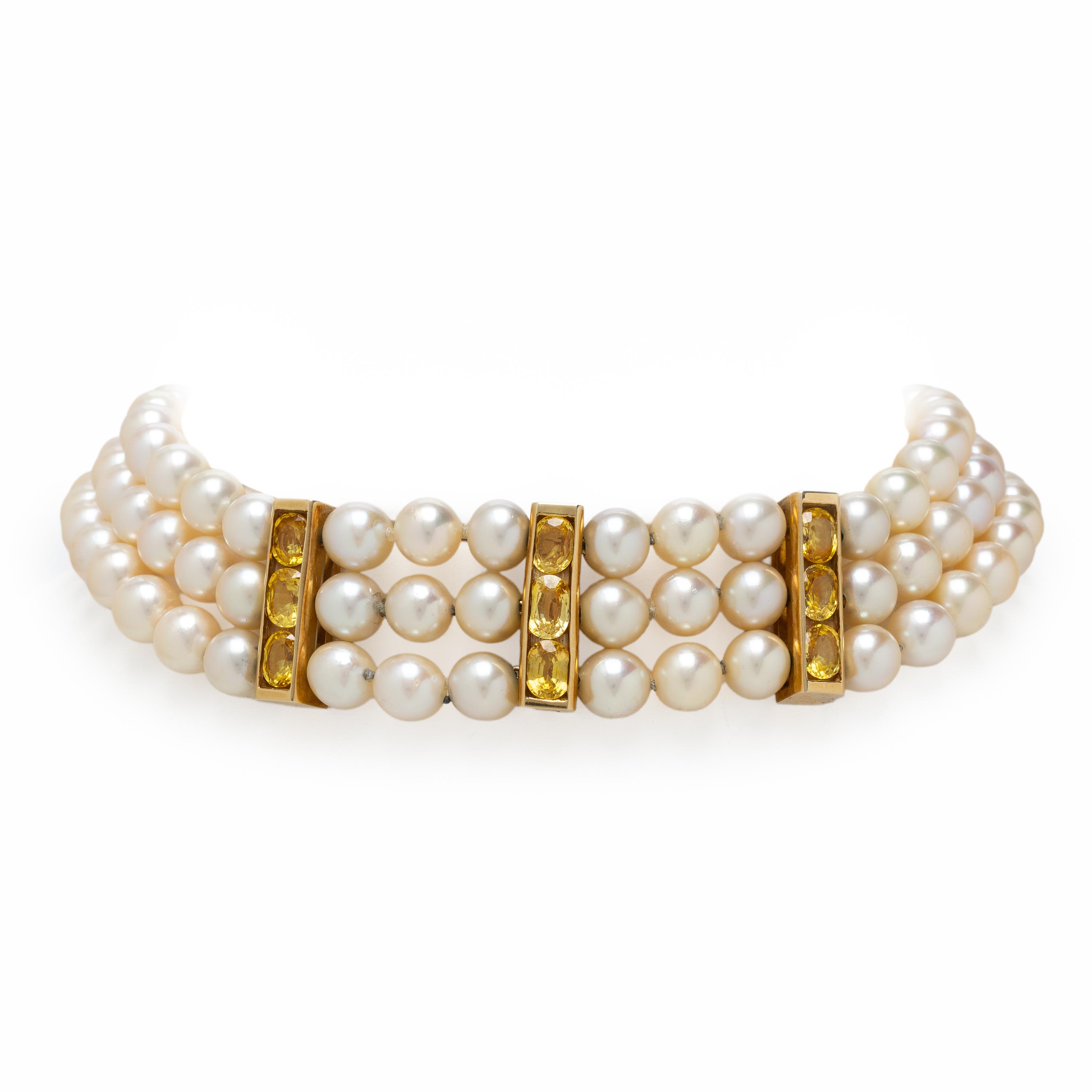 TRIPLE STRAND CULTURED PEARL AND CITRINE CHOKER NECKLACE