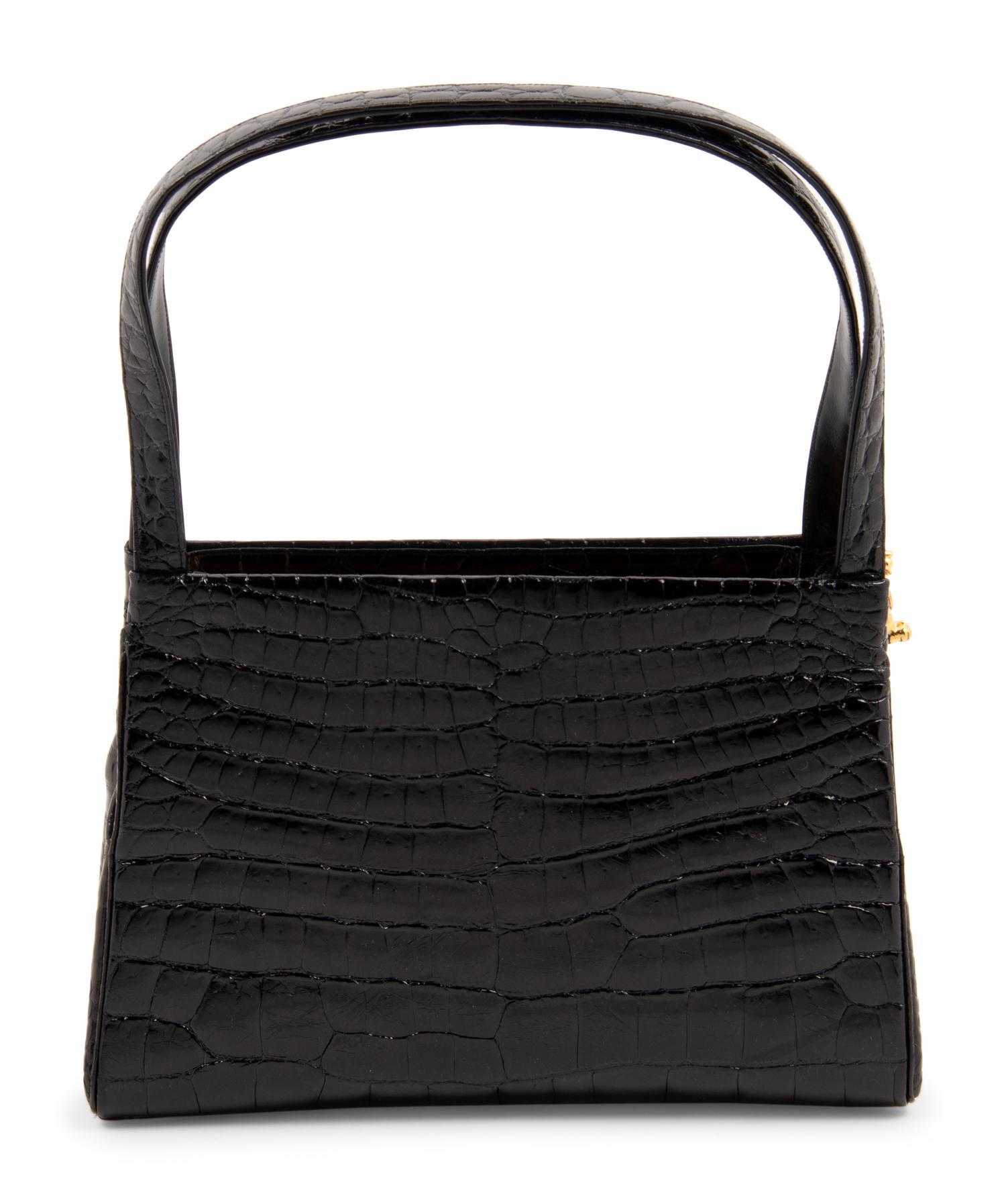Judith Leiber Black Crocodile Handbag with Lion Release Clip