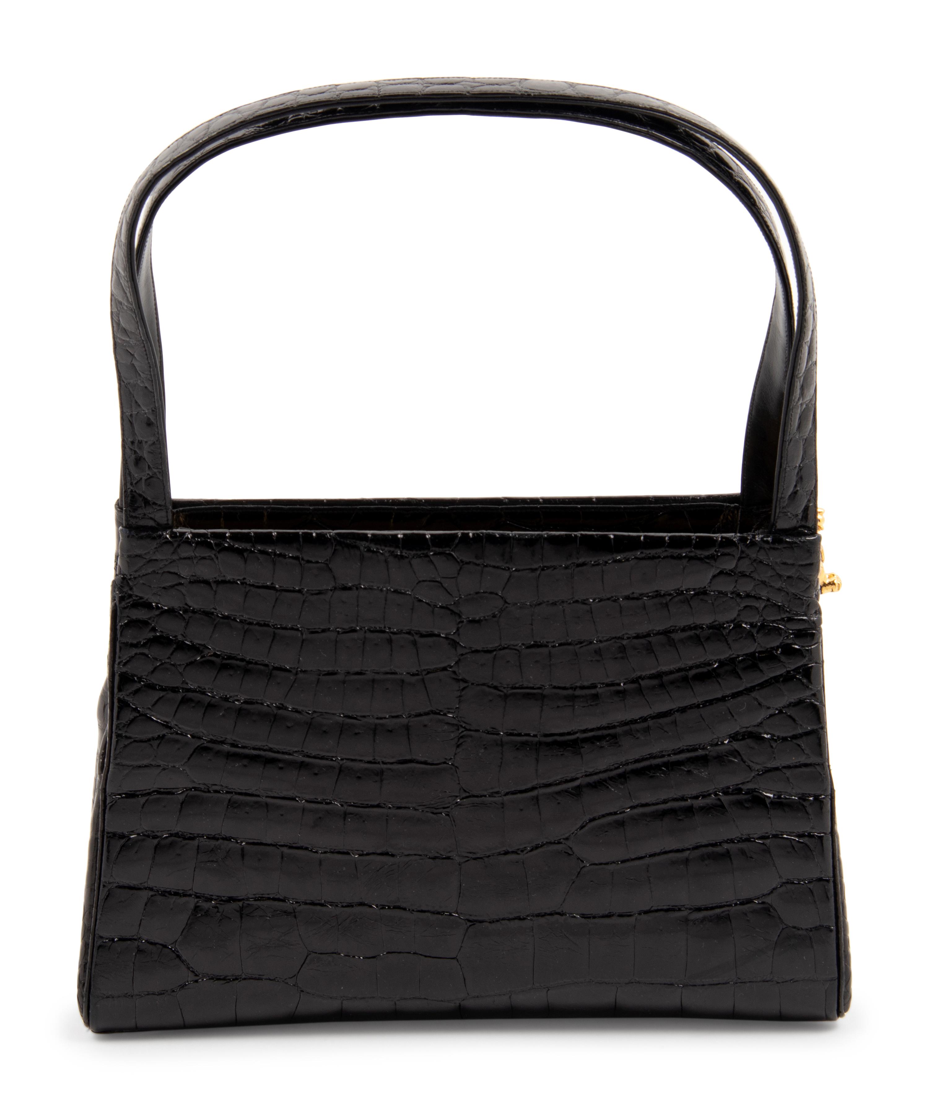 Judith Leiber Black Crocodile Handbag with Lion Release Clip